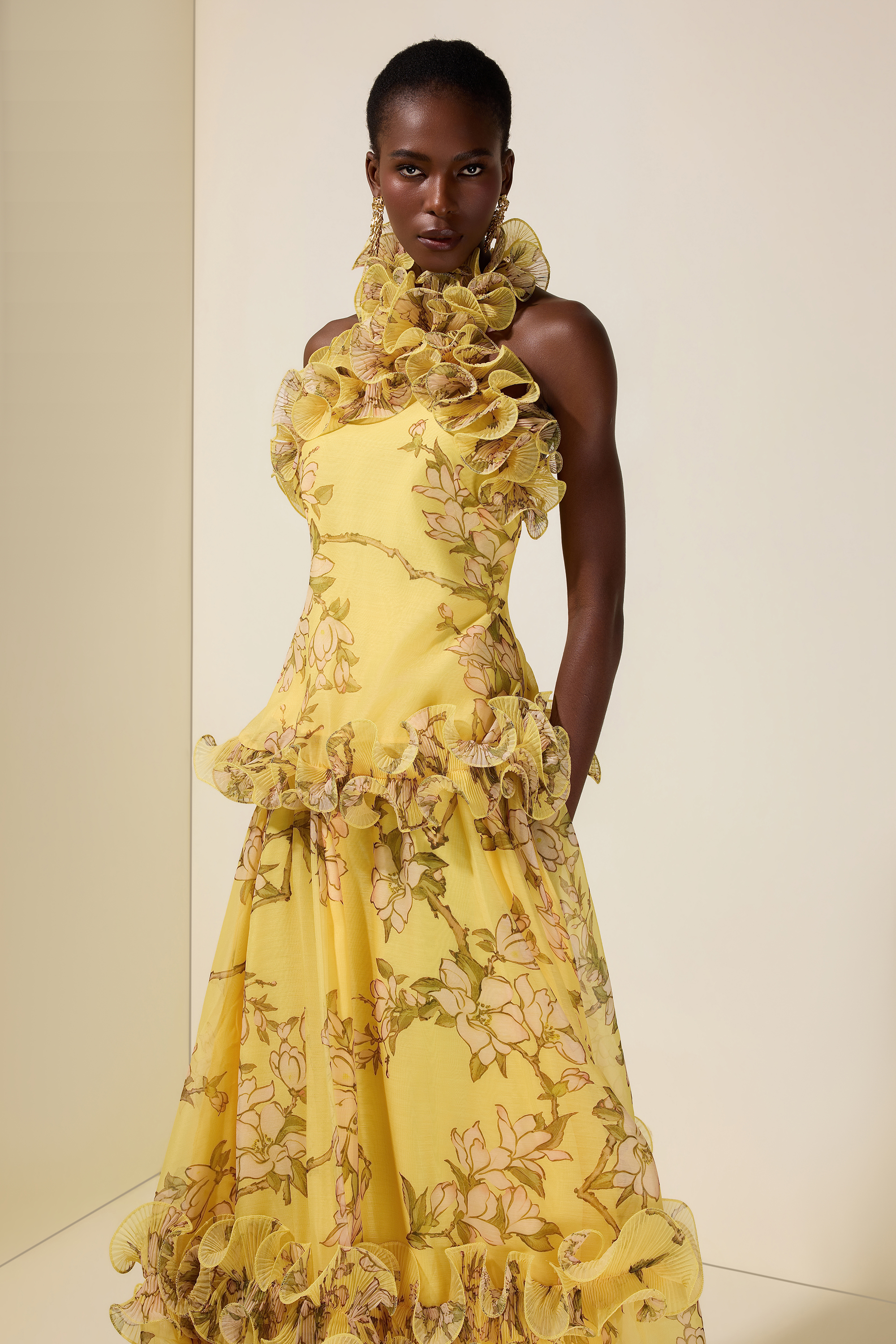 Floral Halter Neck Ruffle Top &  Mid Waist Maxi Skirt Set