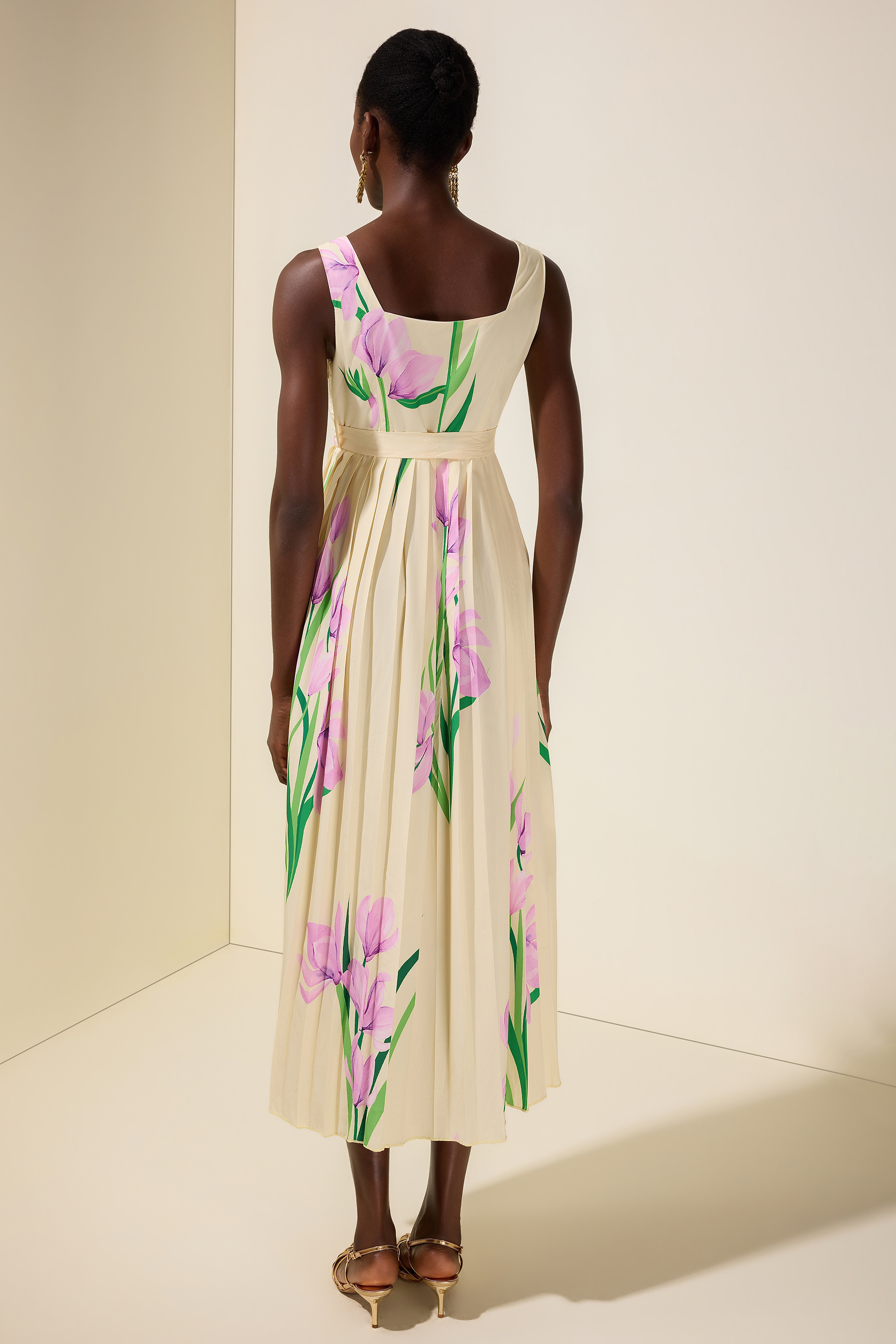 Floral Square Collar  Pleated Midi Dress