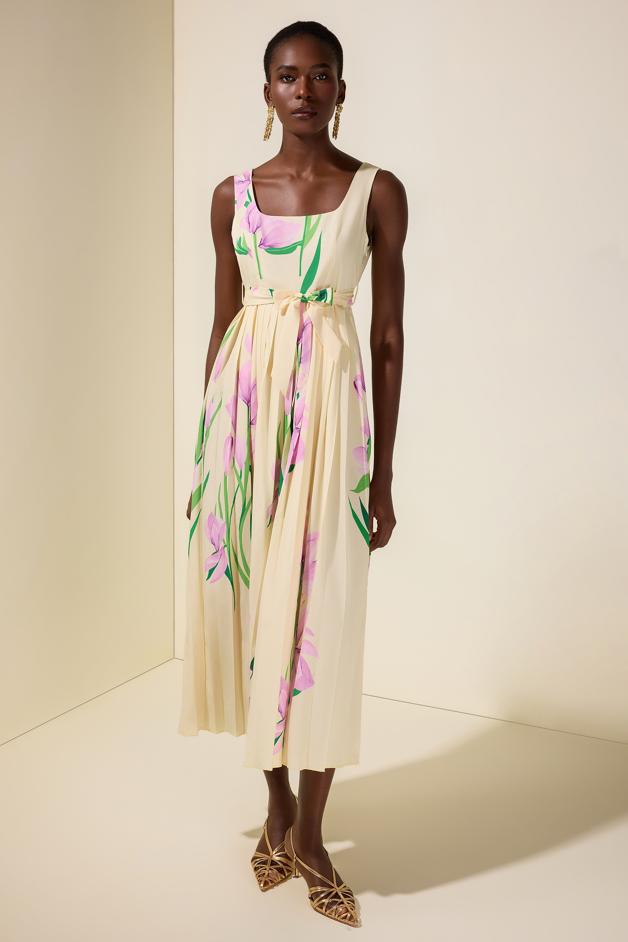 Floral Square Collar  Pleated Midi Dress