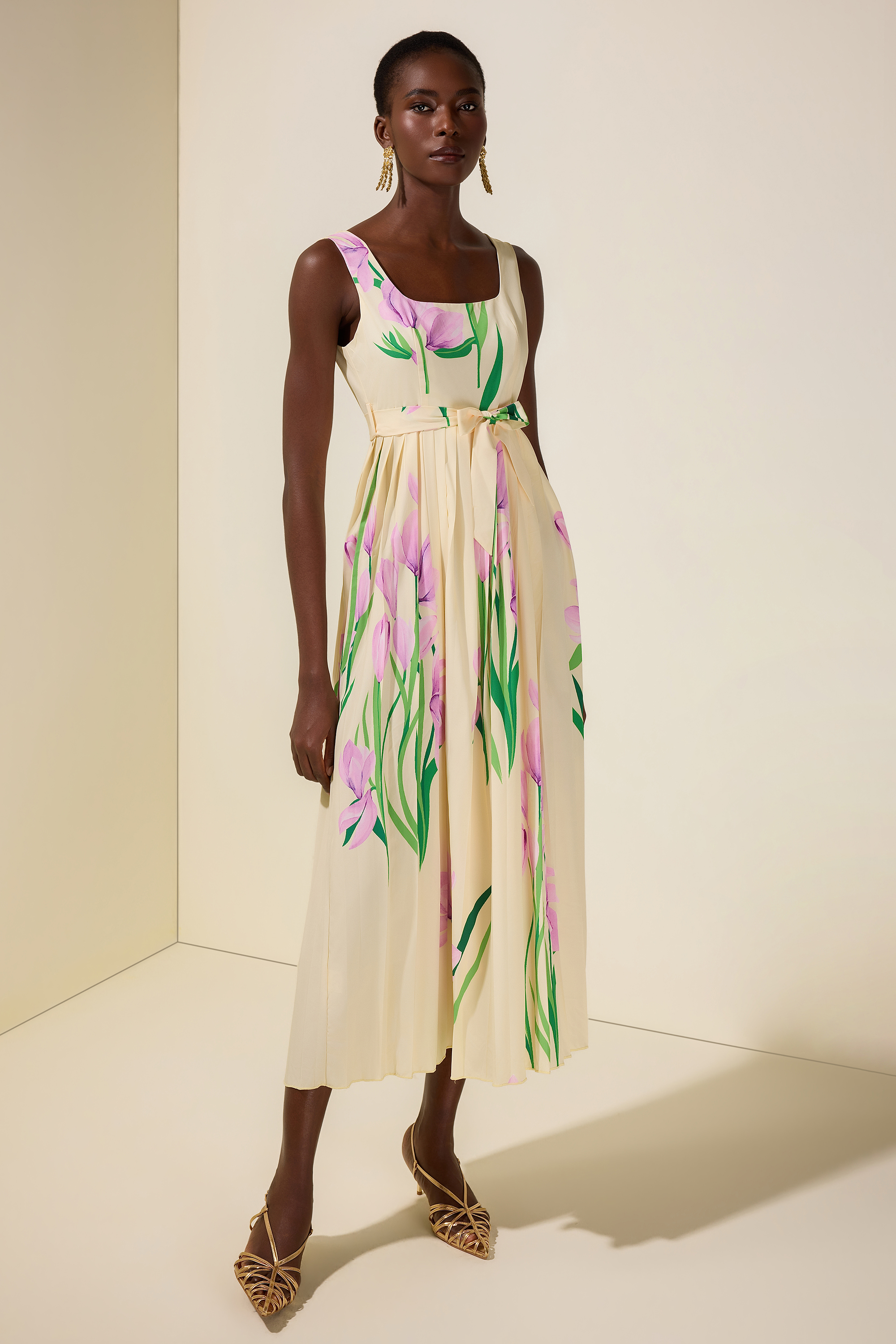 Floral Square Collar  Pleated Midi Dress