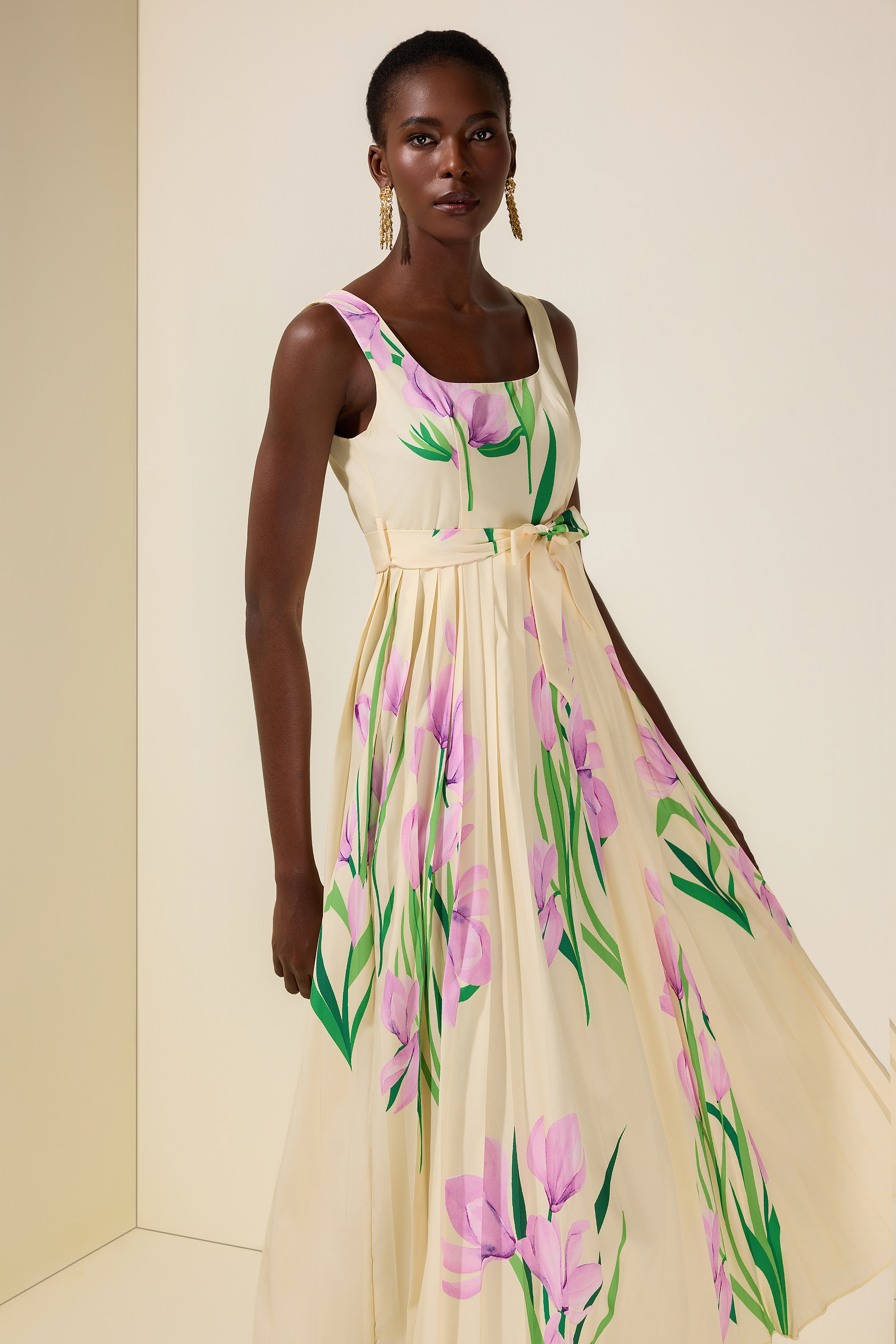 Floral Square Collar  Pleated Midi Dress