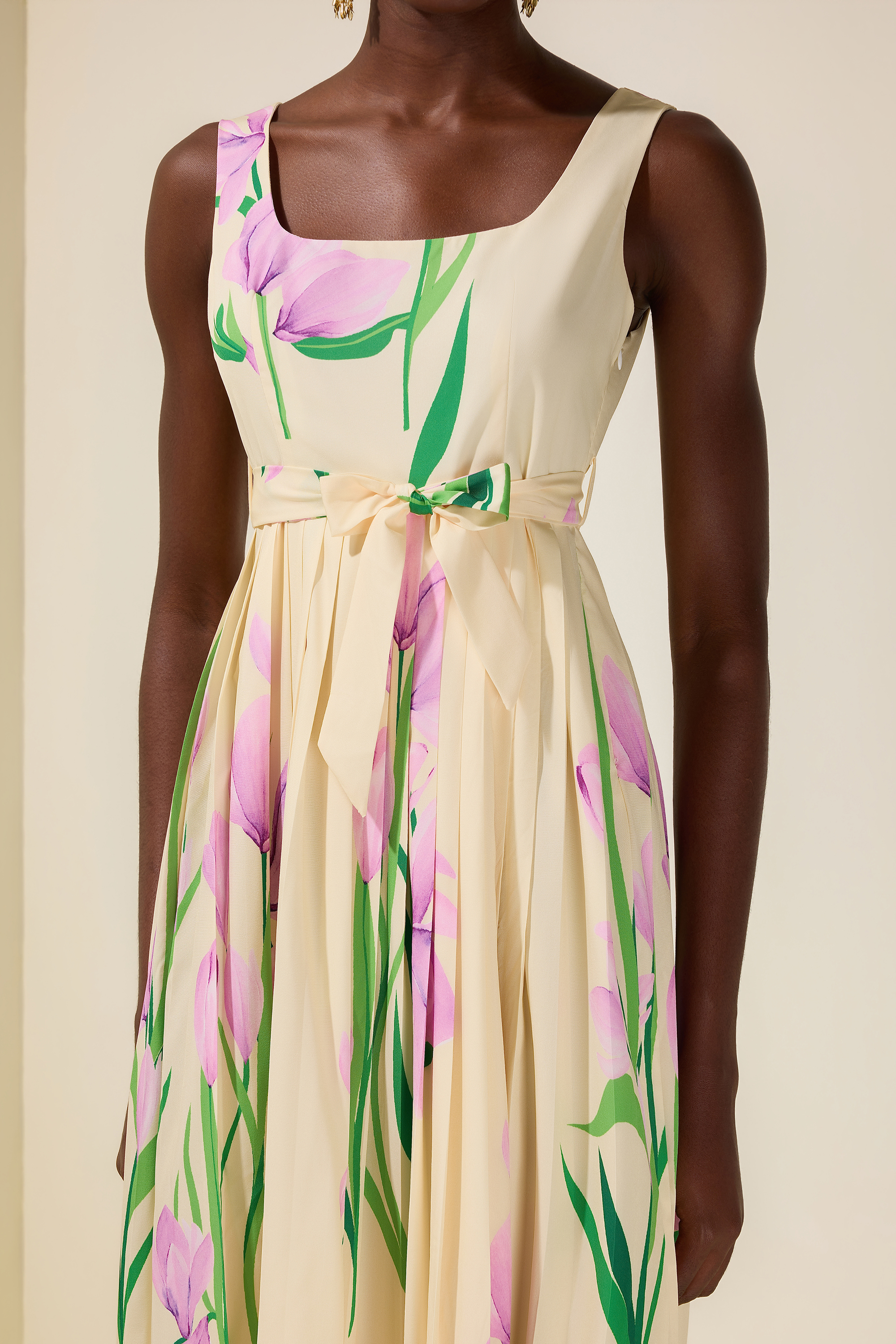 Floral Square Collar  Pleated Midi Dress