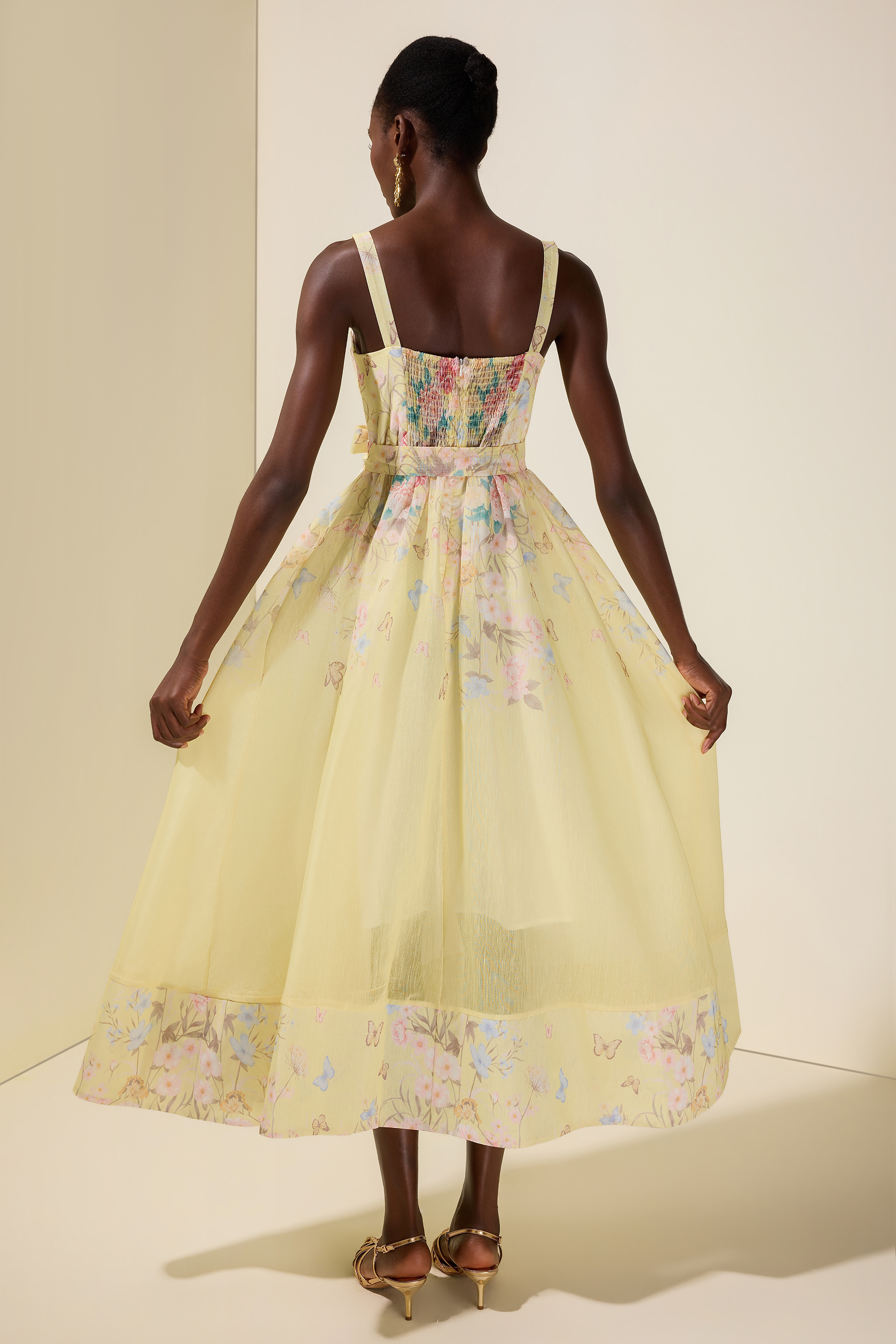 Floral Smocking Square Collar Midi Dress With Belt