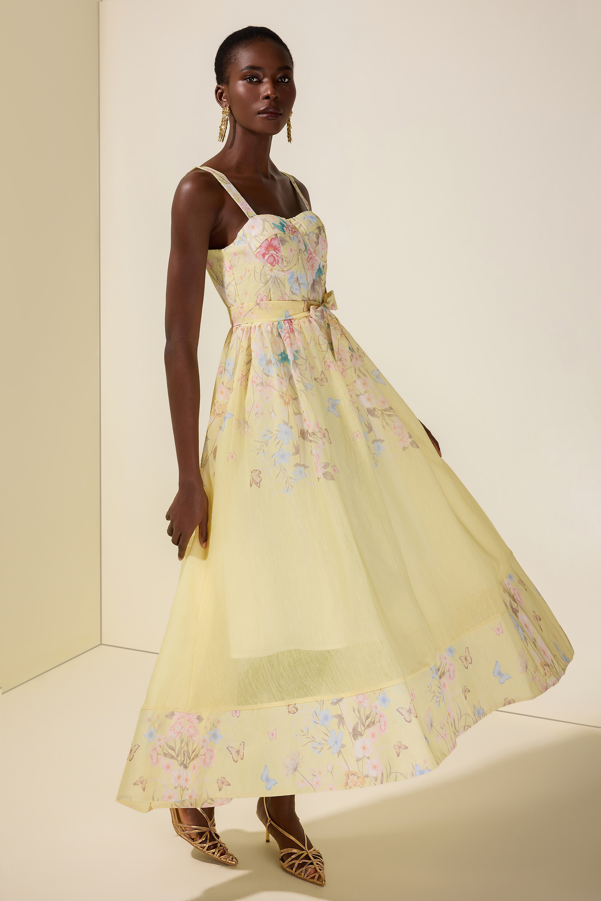 Floral Smocking Square Collar Midi Dress With Belt