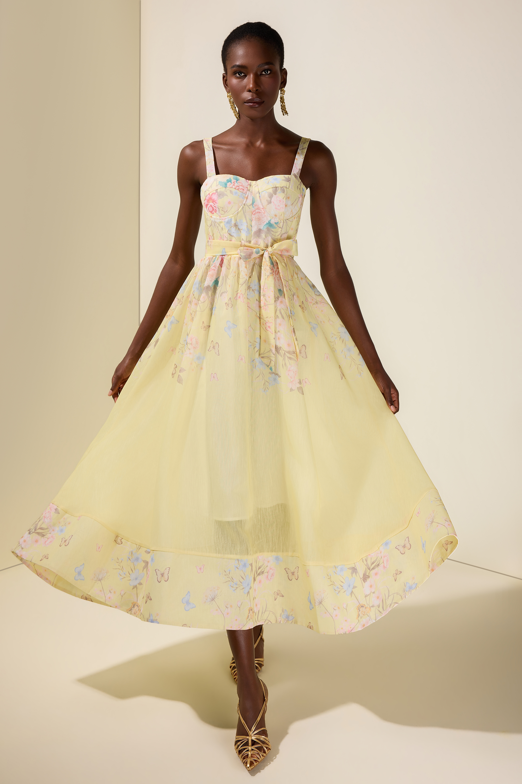 Floral Smocking Square Collar Midi Dress With Belt