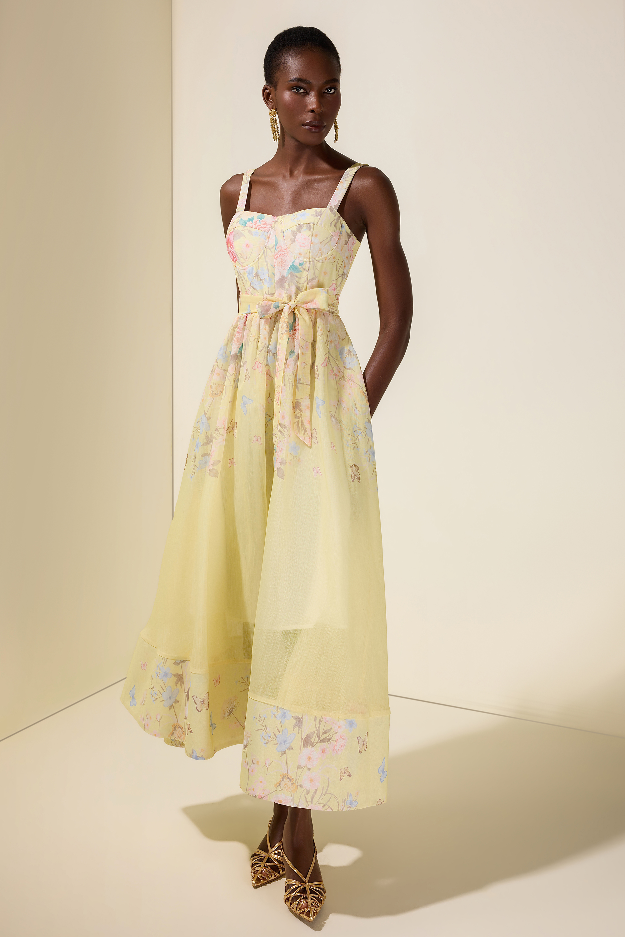 Floral Smocking Square Collar Midi Dress With Belt