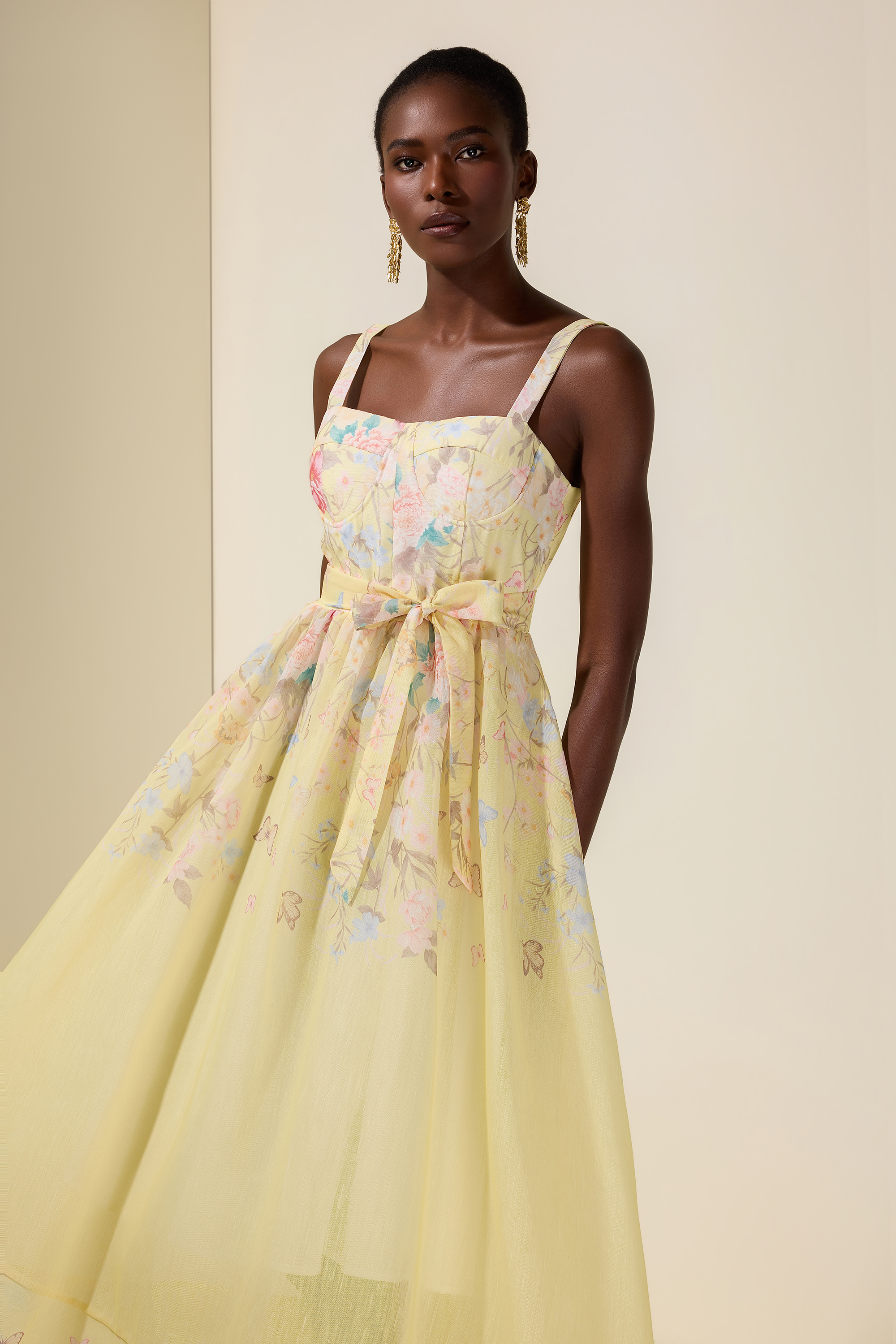 Floral Smocking Square Collar Midi Dress With Belt