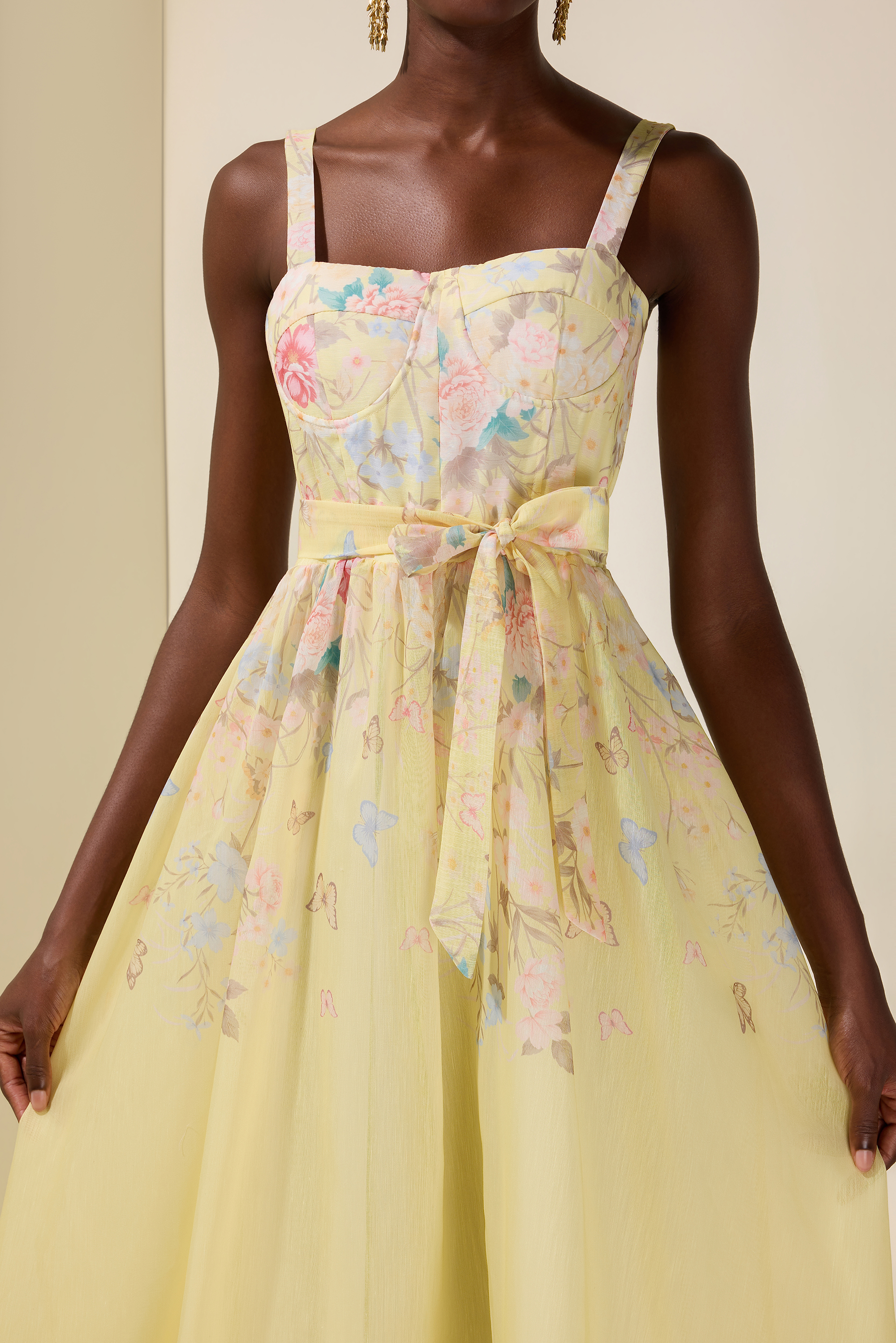Floral Smocking Square Collar Midi Dress With Belt