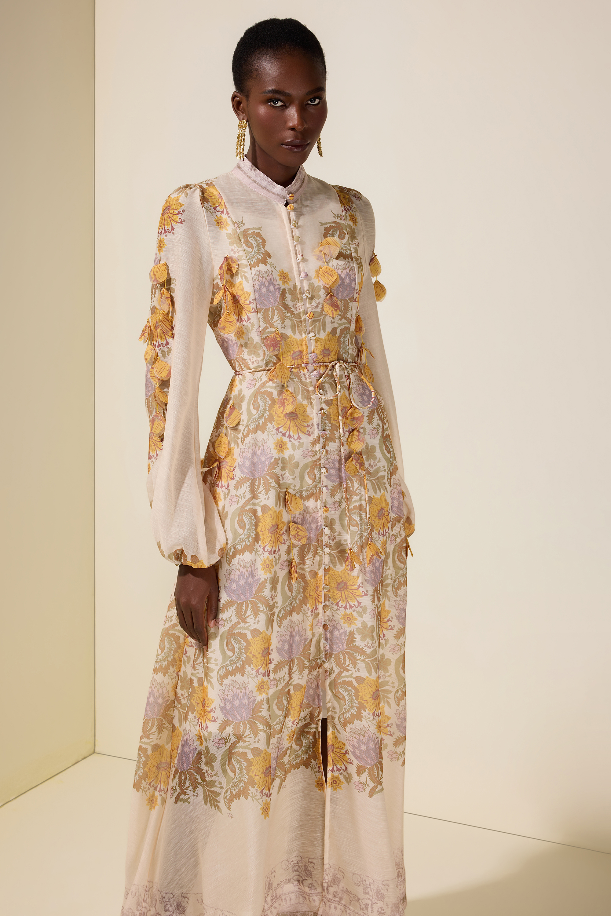 Floral Beaded Single Breasted Maxi Dress