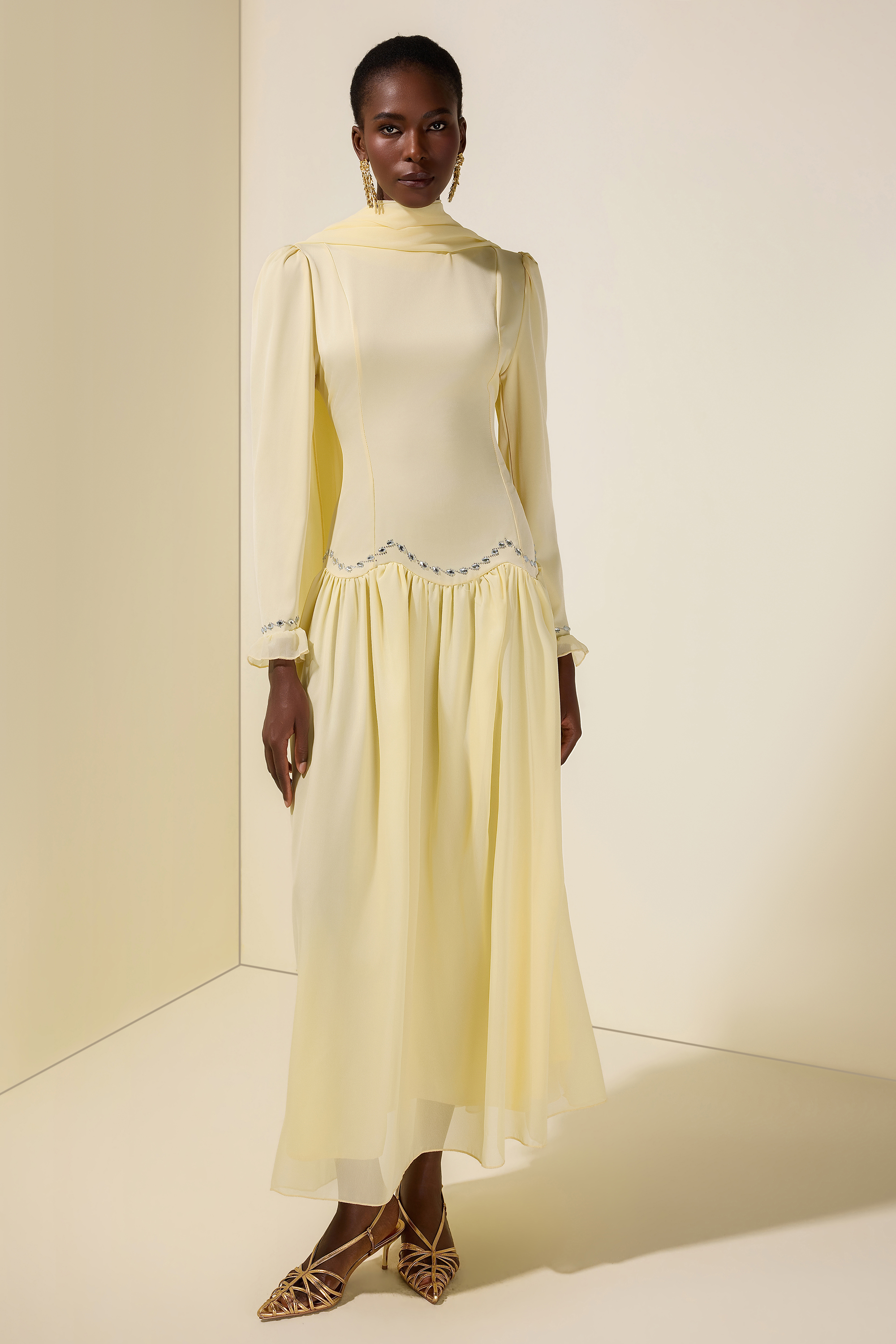 Satin Splicing Chiffon Rhinestone Maxi Dress