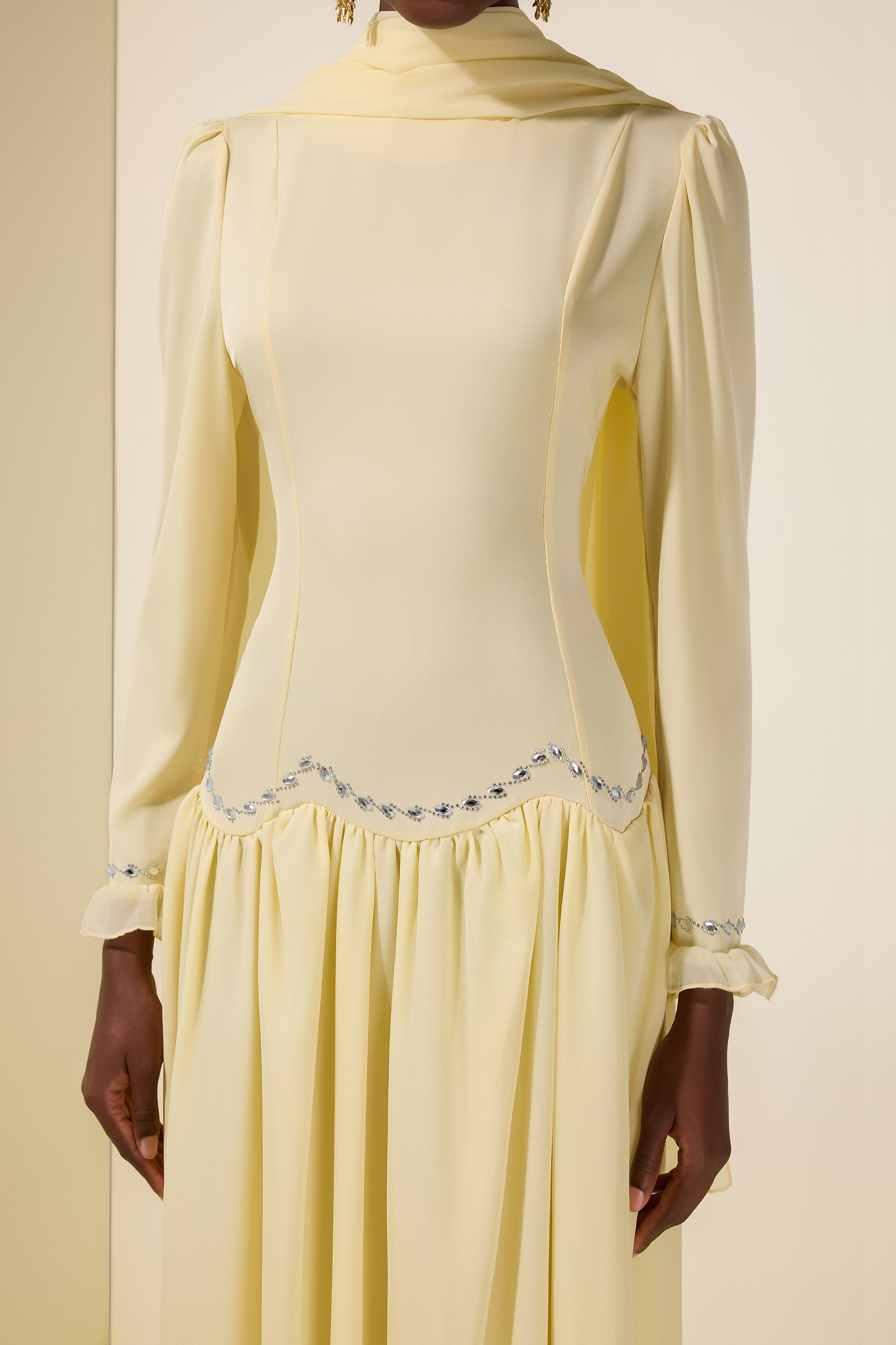 Satin Splicing Chiffon Rhinestone Maxi Dress