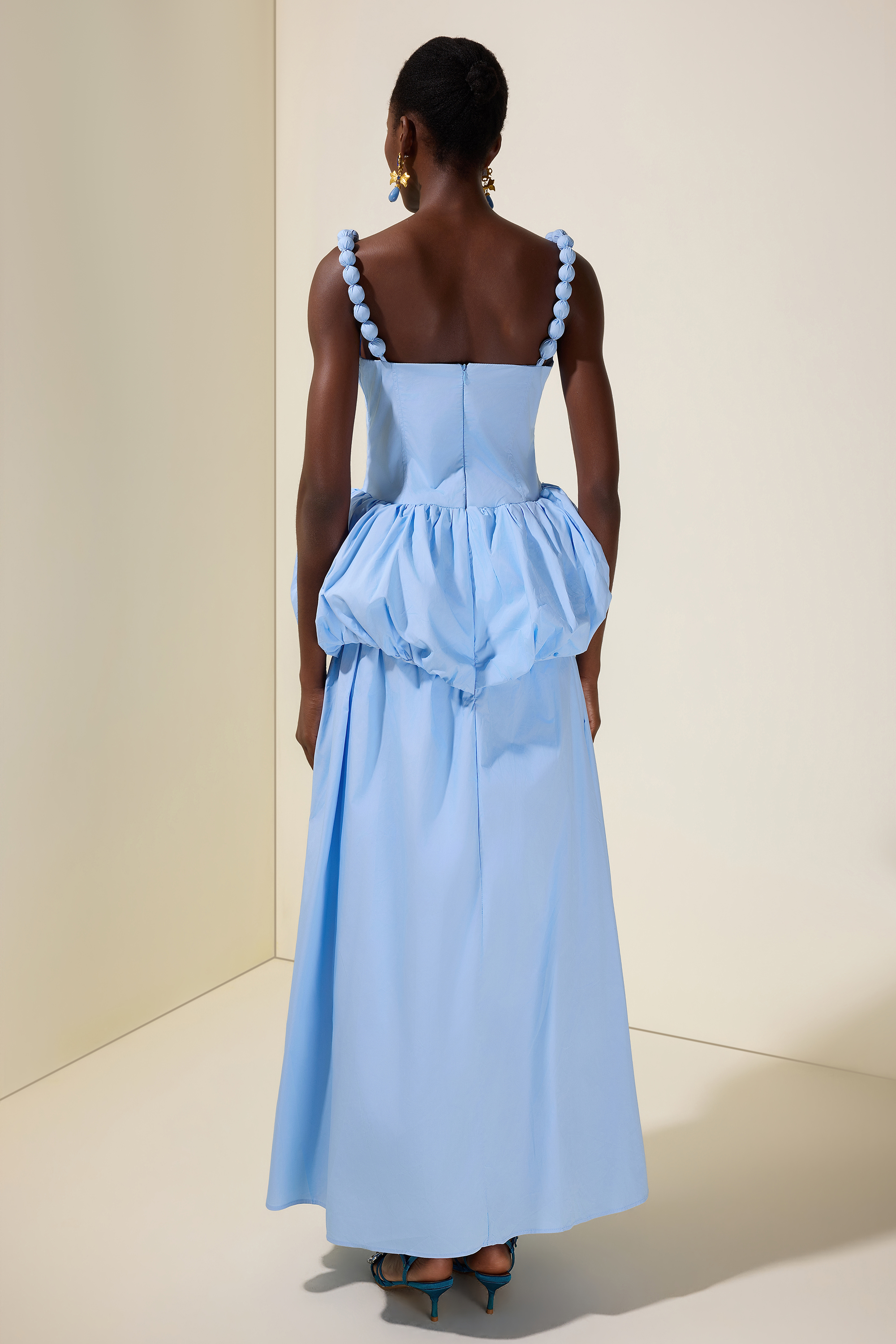 Solid Beaded Slip Puff Maxi Dress