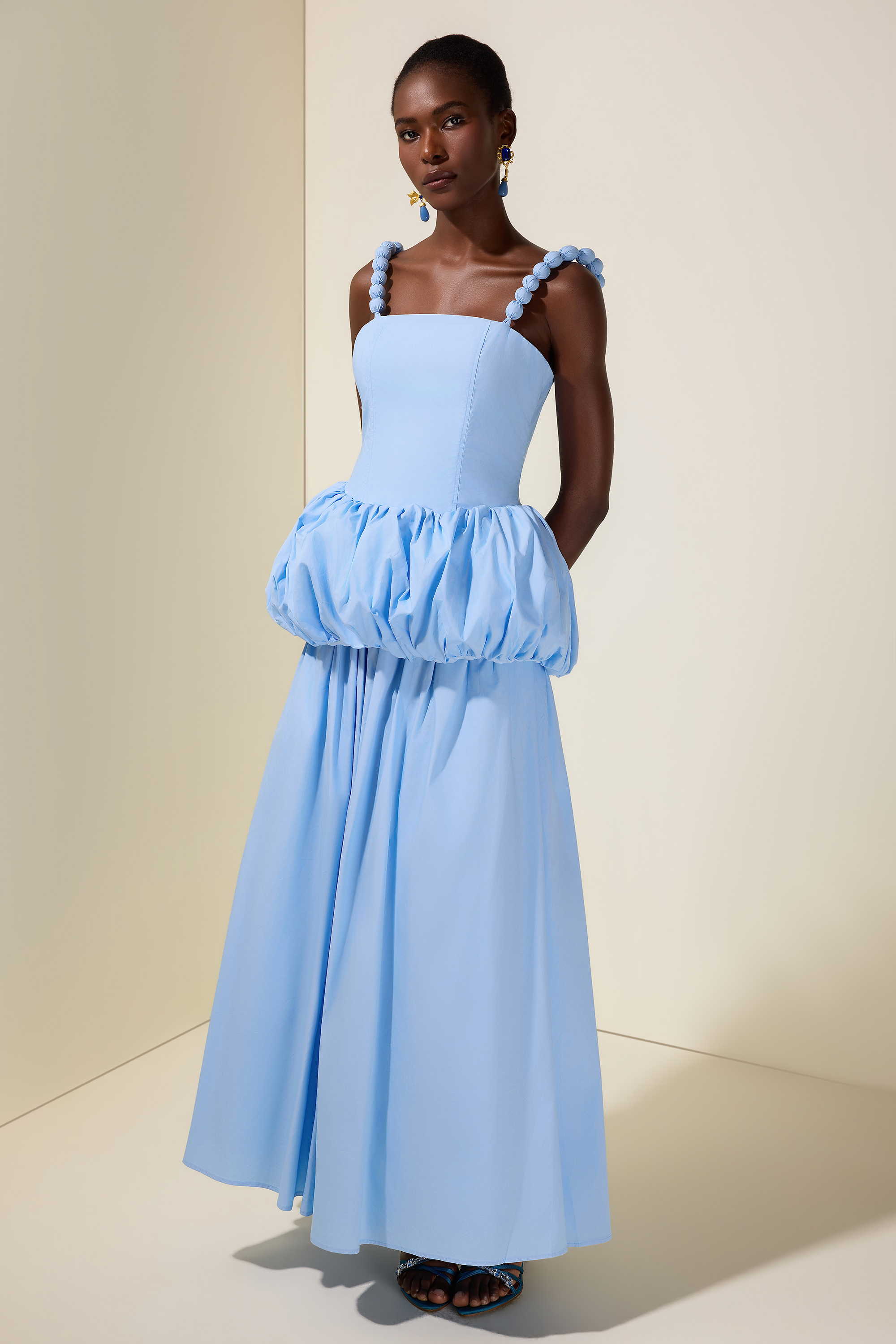 Solid Beaded Slip Puff Maxi Dress