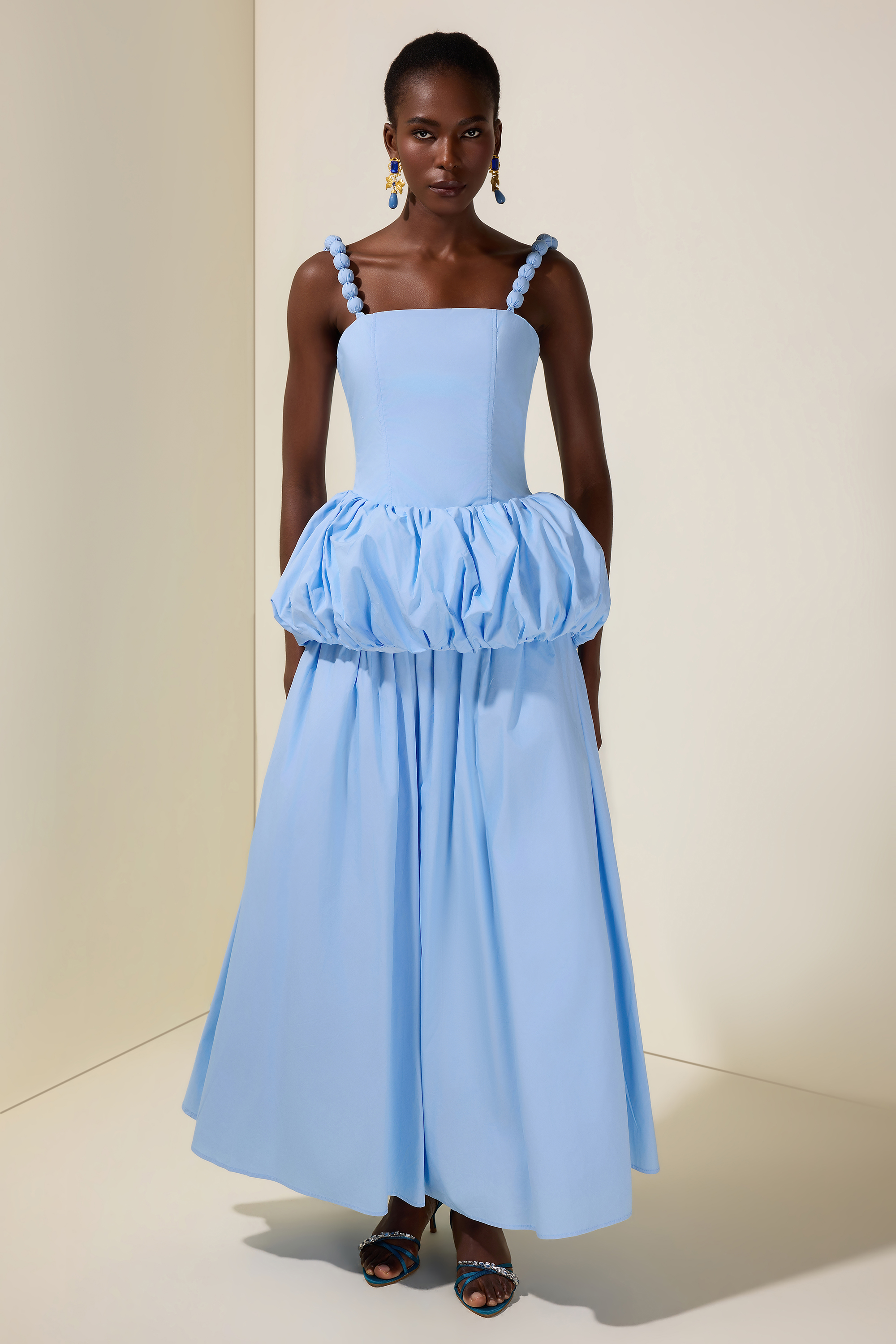 Solid Beaded Slip Puff Maxi Dress