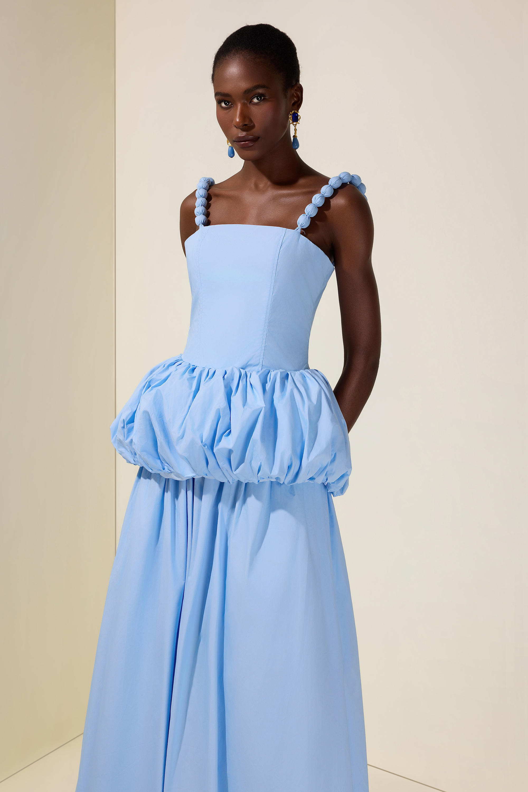 Solid Beaded Slip Puff Maxi Dress