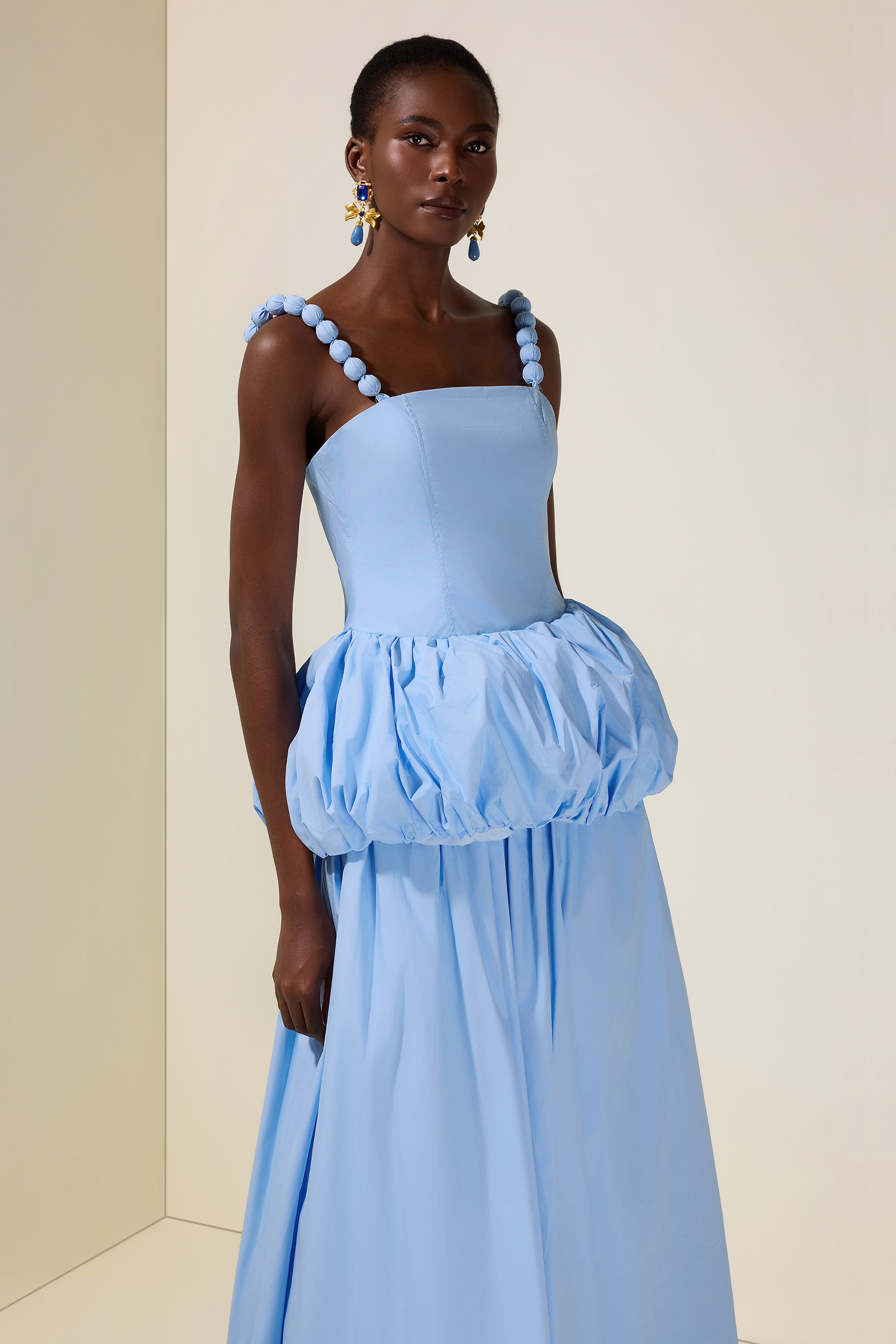 Solid Beaded Slip Puff Maxi Dress