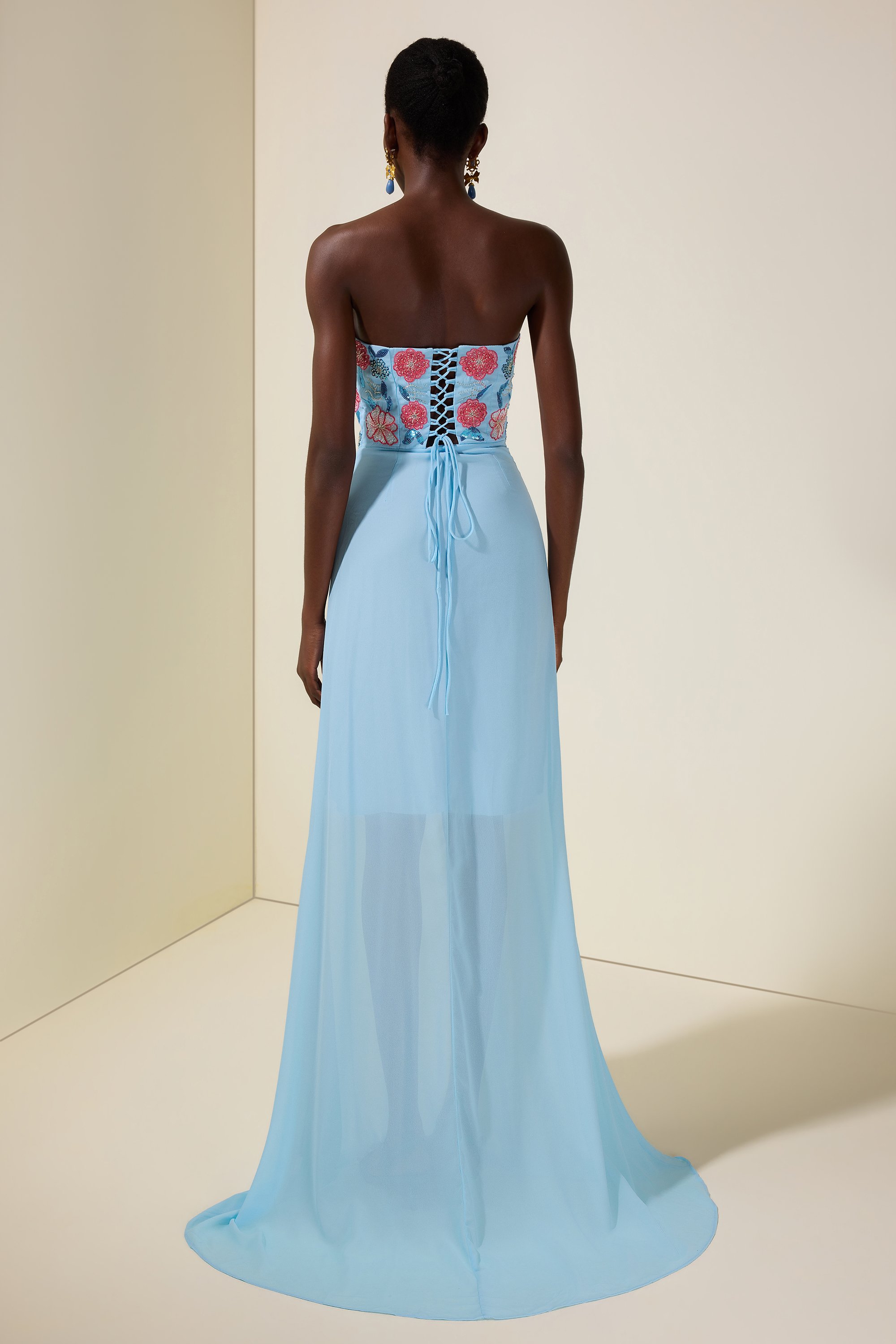 Chiffon Nail Bead Embroidery Off-Shoulder Maxi Dress