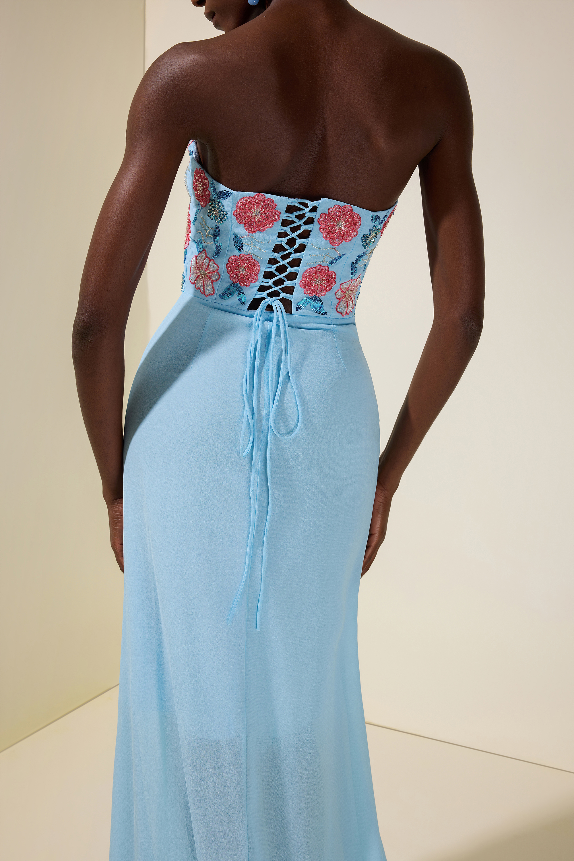 Chiffon Nail Bead Embroidery Off-Shoulder Maxi Dress