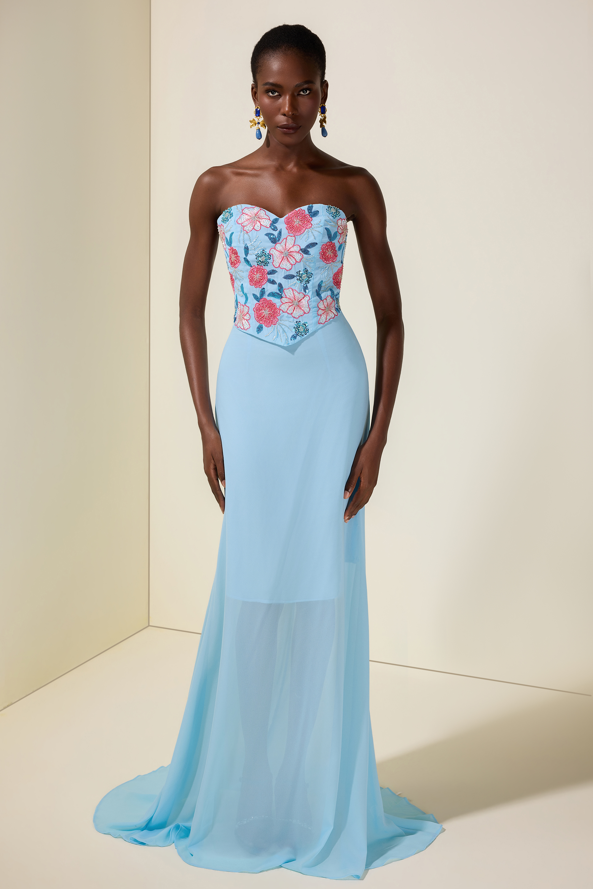 Chiffon Nail Bead Embroidery Off-Shoulder Maxi Dress