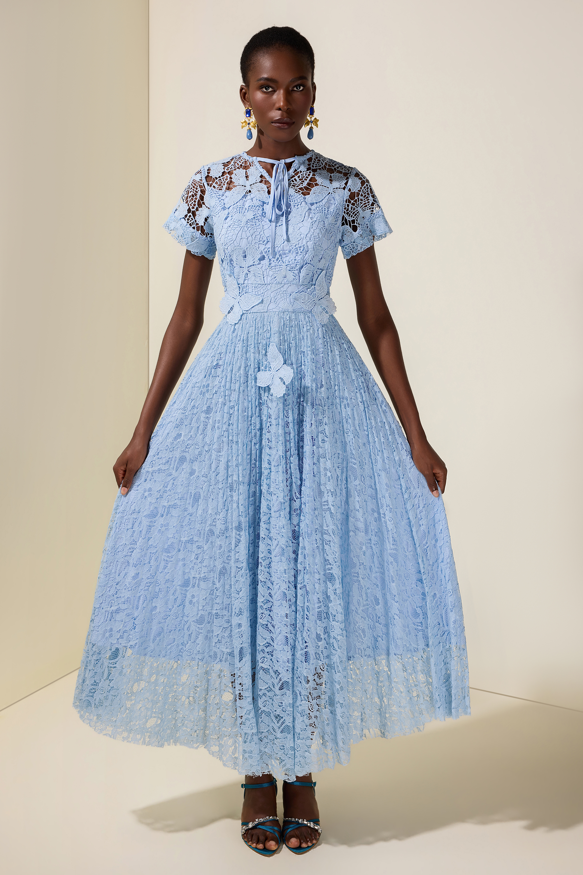 Lace Butterfly  Pleated Midi Dress