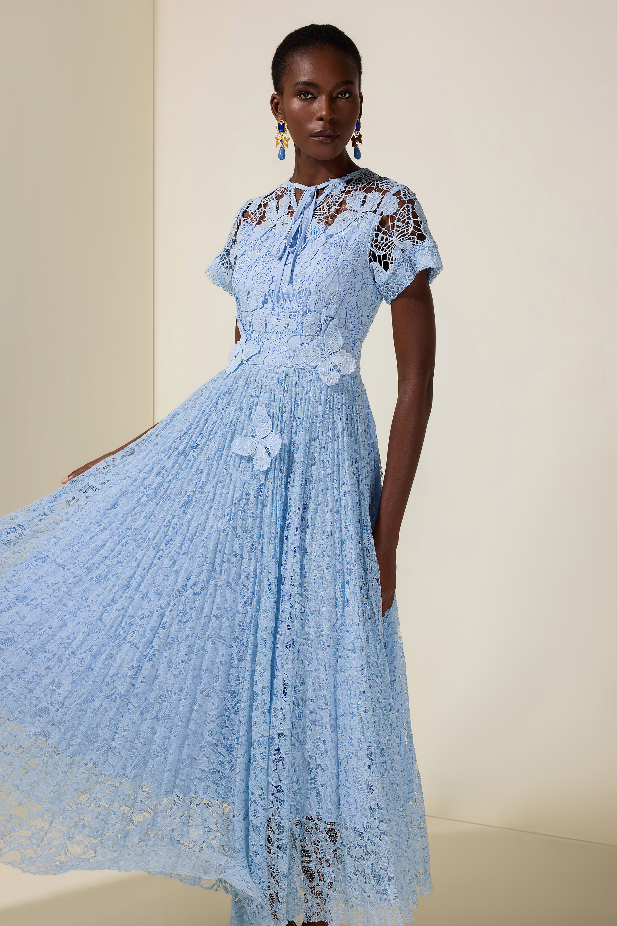 Lace Butterfly  Pleated Midi Dress