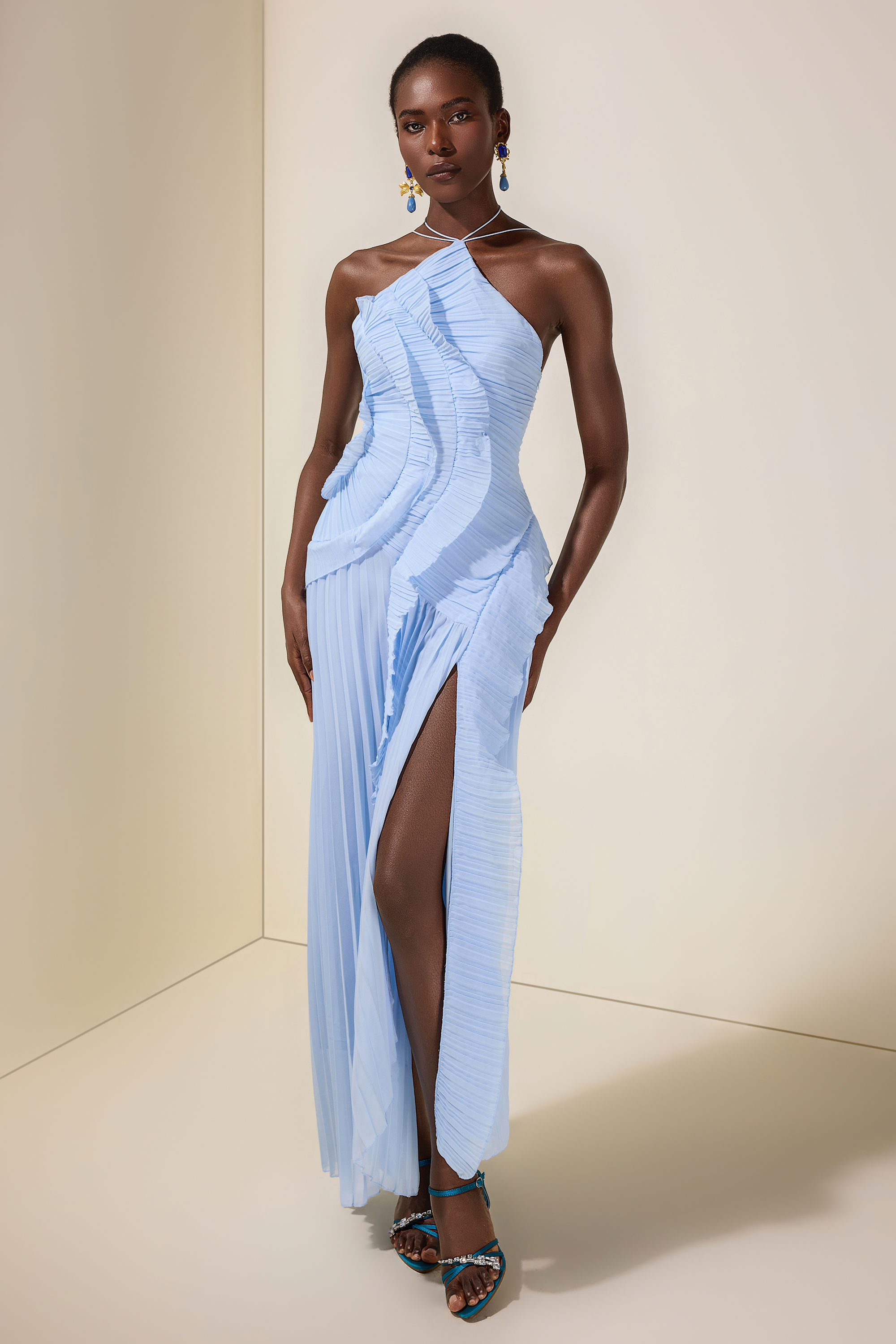 Pleated Frill Halter Neck Midi Dress