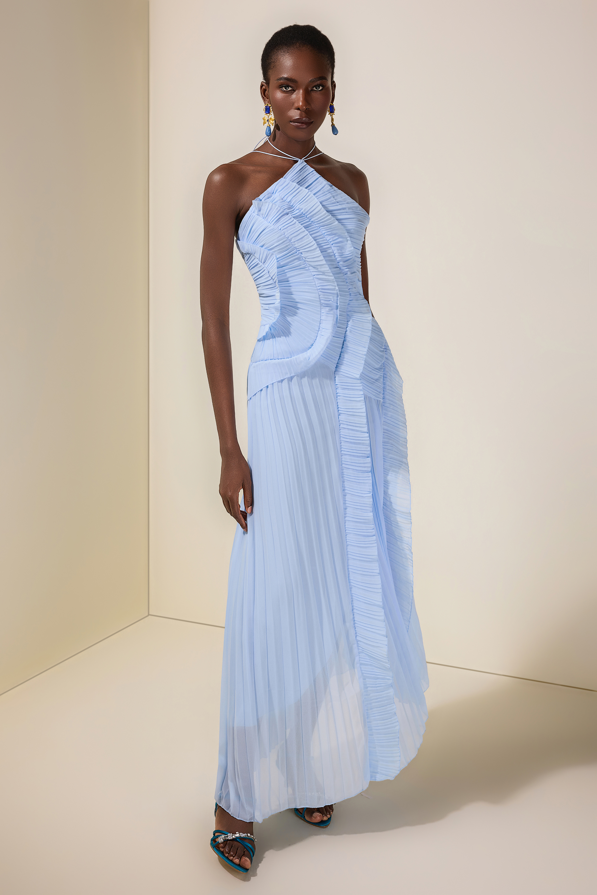 Pleated Frill Halter Neck Midi Dress – JardinVue