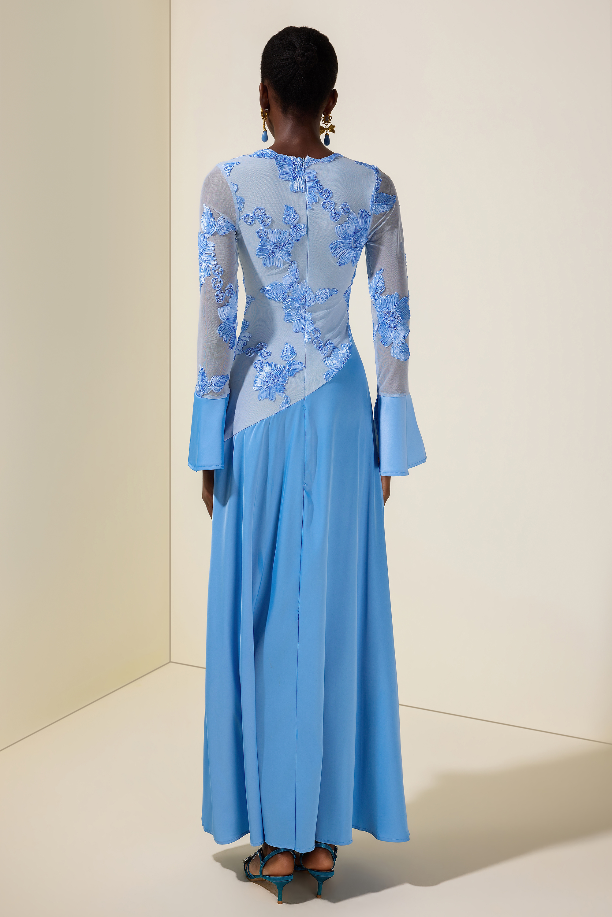 Embroidered Satin Bell Sleeve Maxi Dress