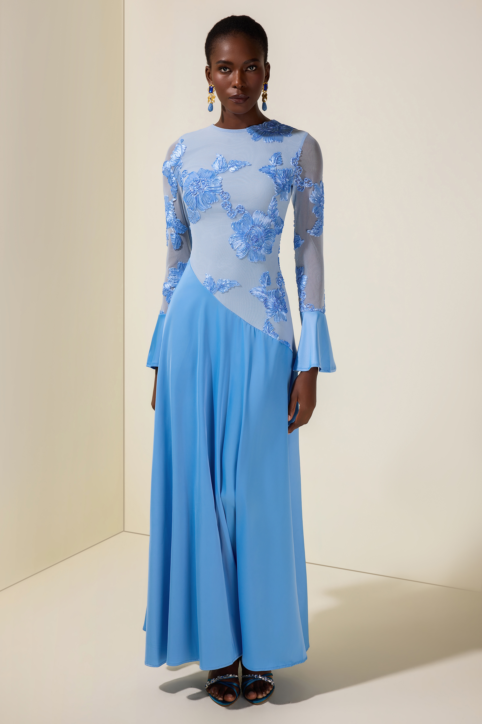 Embroidered Satin Bell Sleeve Maxi Dress