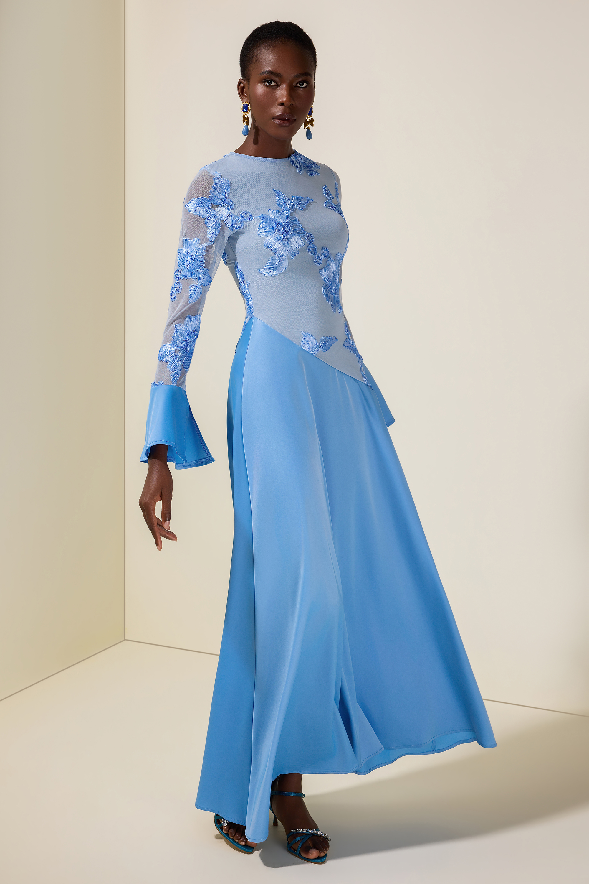 Embroidered Satin Bell Sleeve Maxi Dress