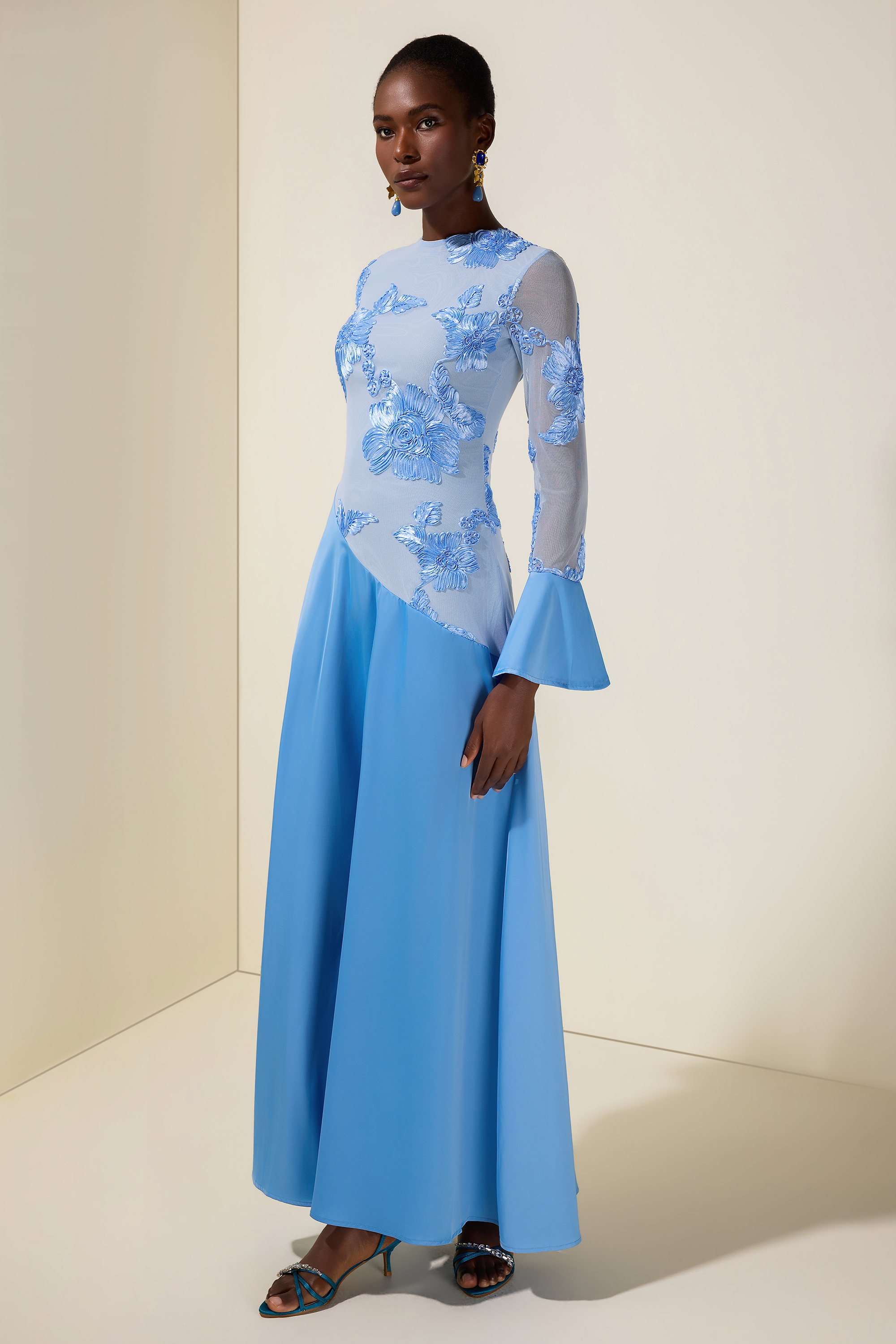 Embroidered Satin Bell Sleeve Maxi Dress