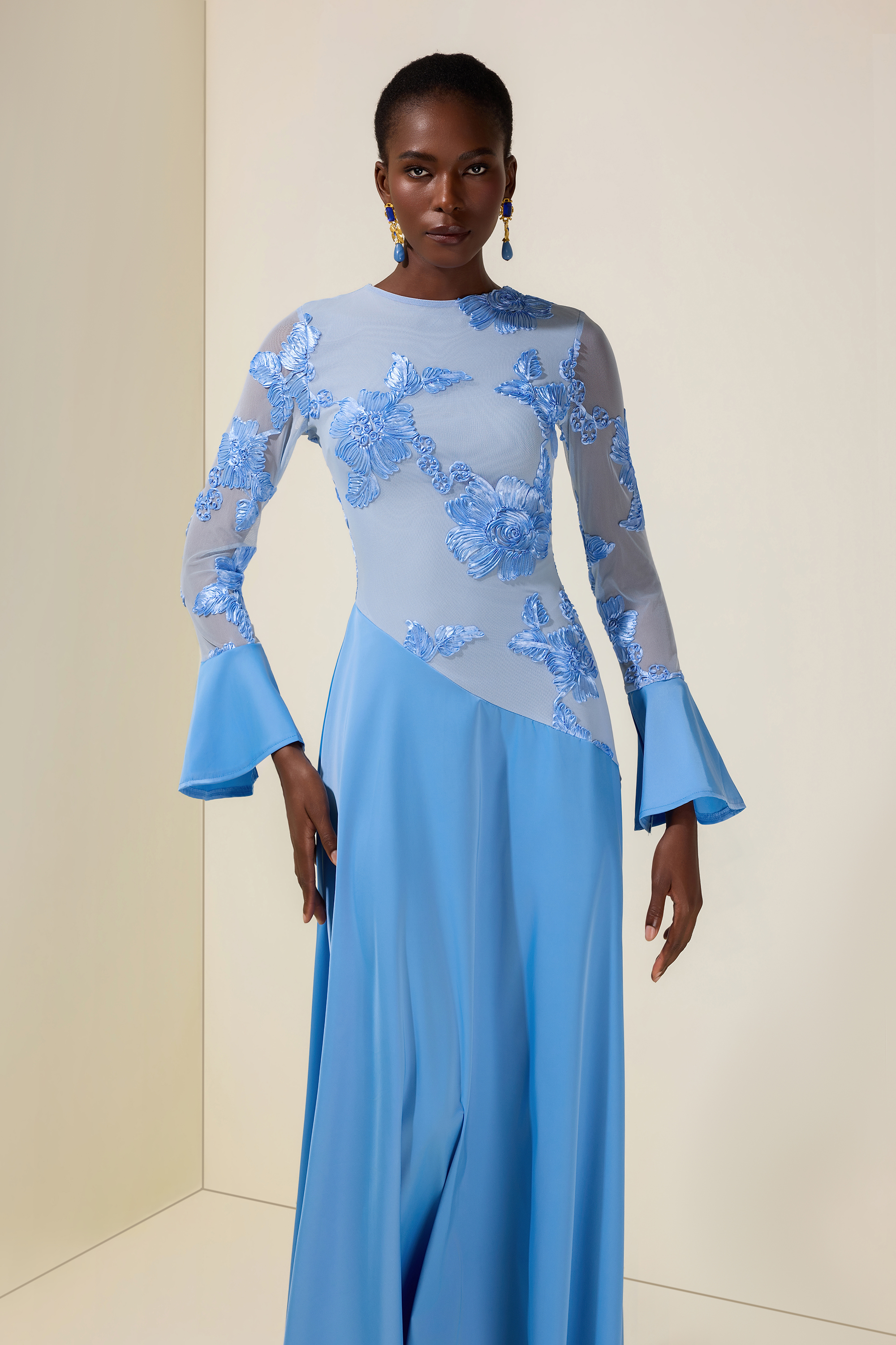 Embroidered Satin Bell Sleeve Maxi Dress