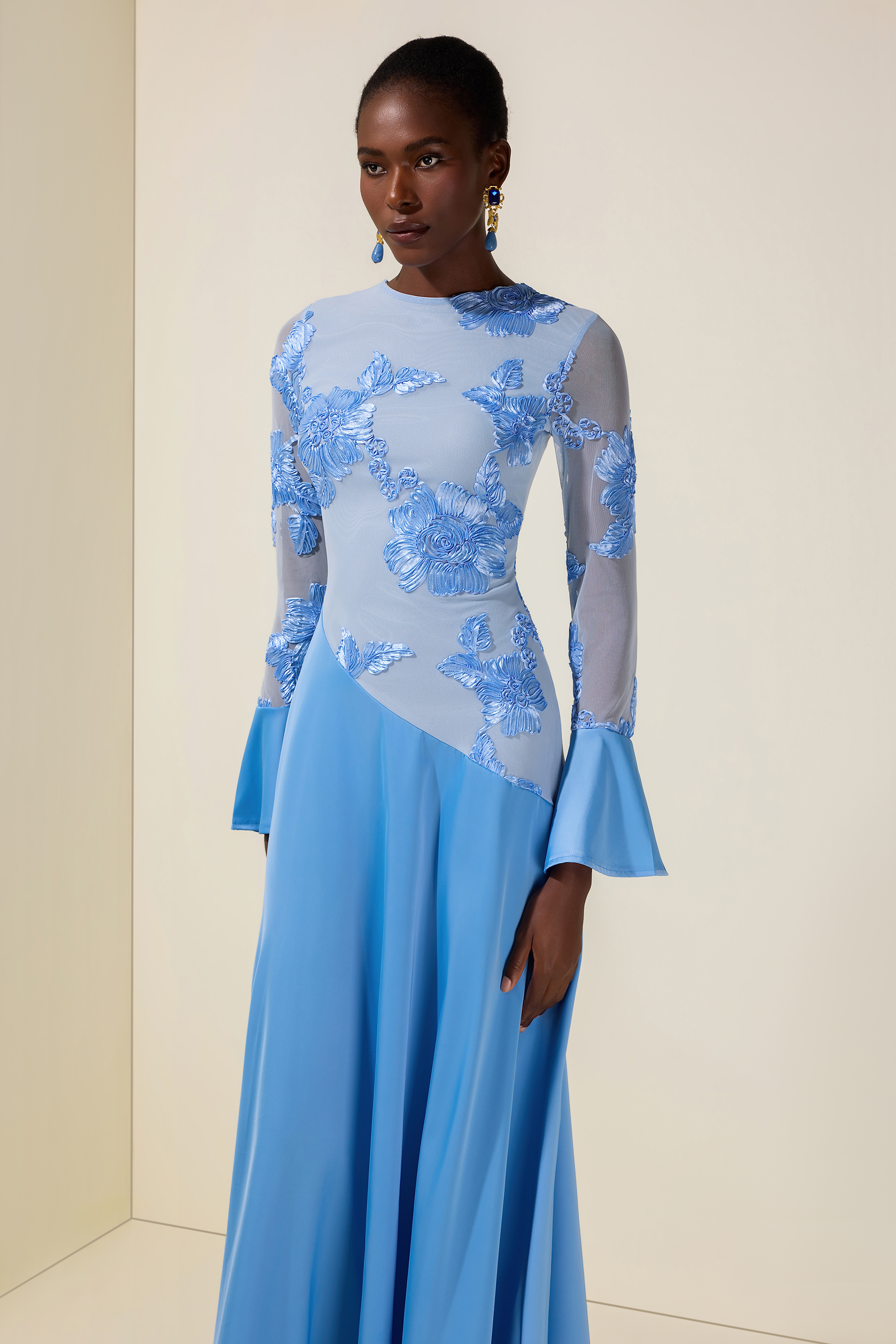 Embroidered Satin Bell Sleeve Maxi Dress