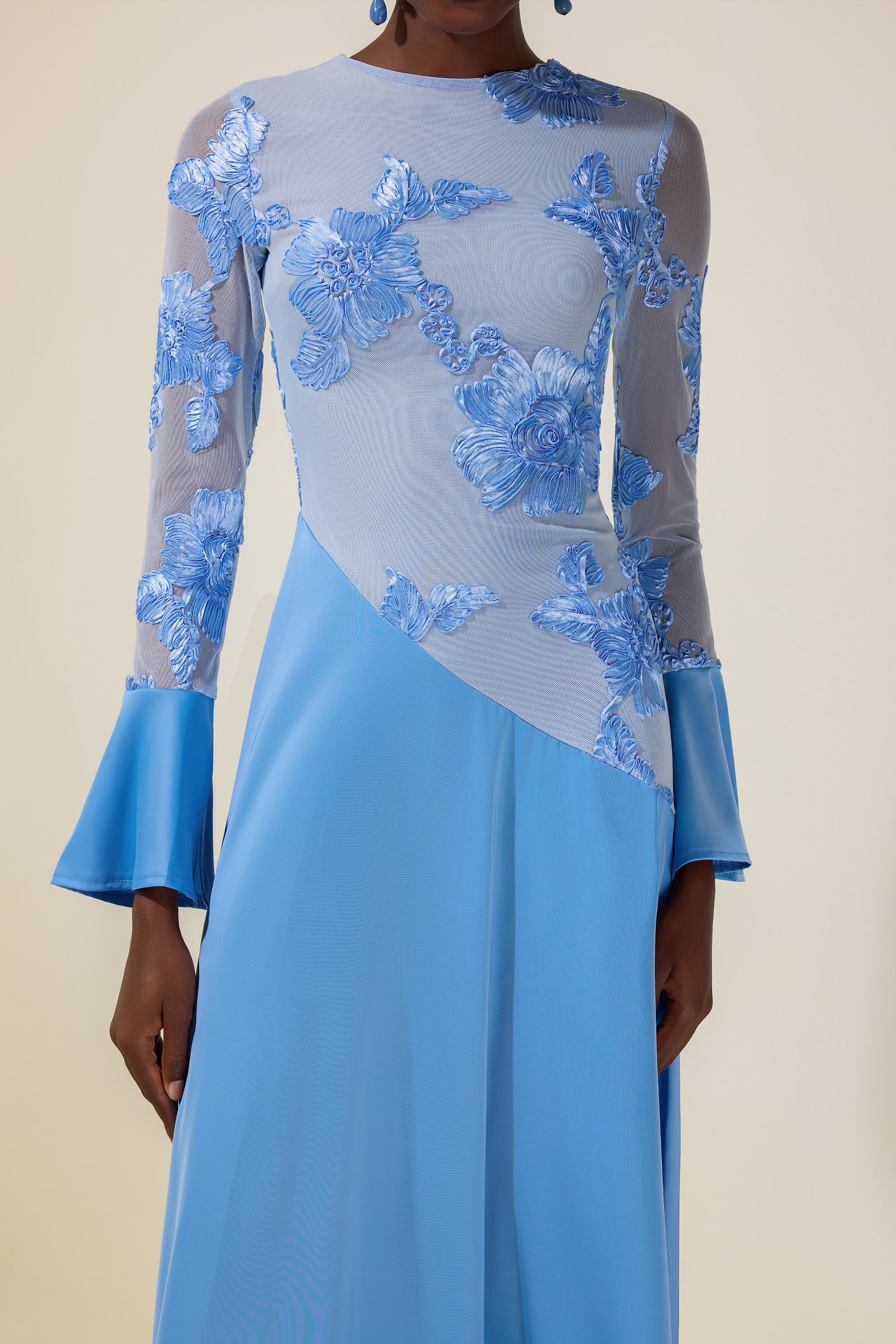 Embroidered Satin Bell Sleeve Maxi Dress