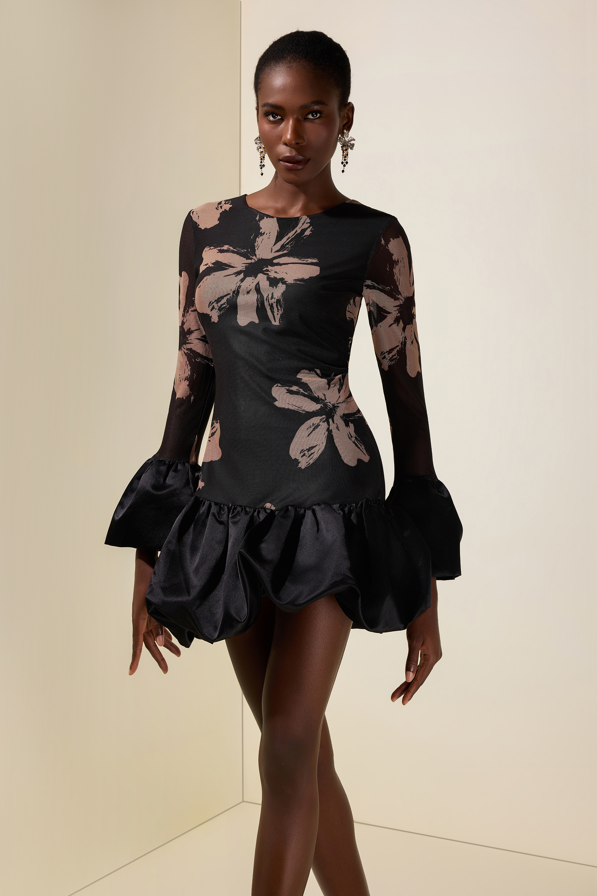 Mesh Splicing Satin Floral Mini Dress