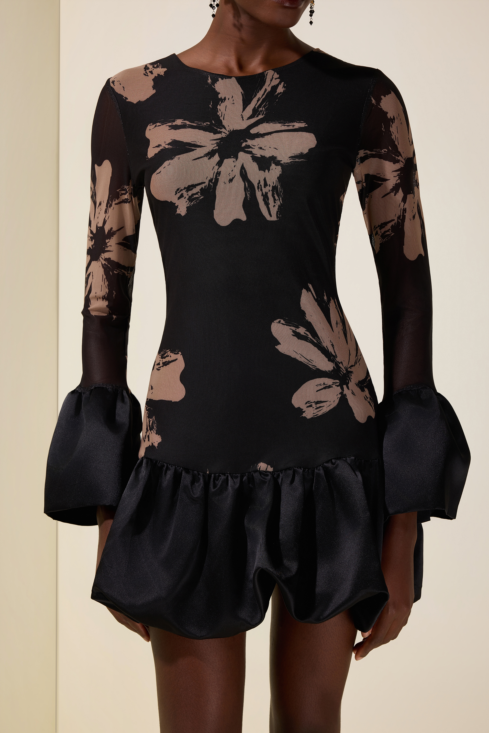 Mesh Splicing Satin Floral Mini Dress