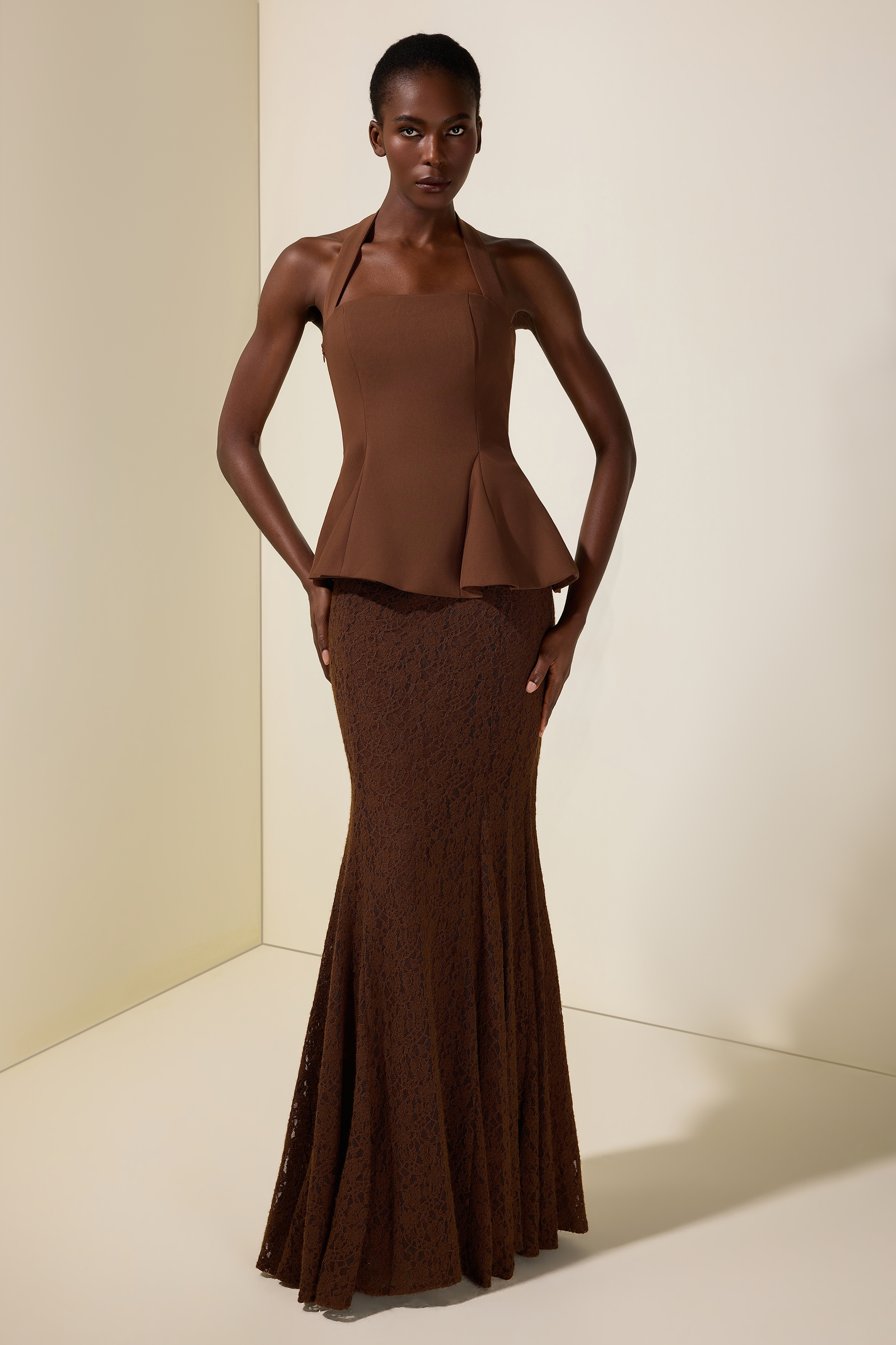 Solid Halter Neck Top & Lace High Waist Maxi Dress