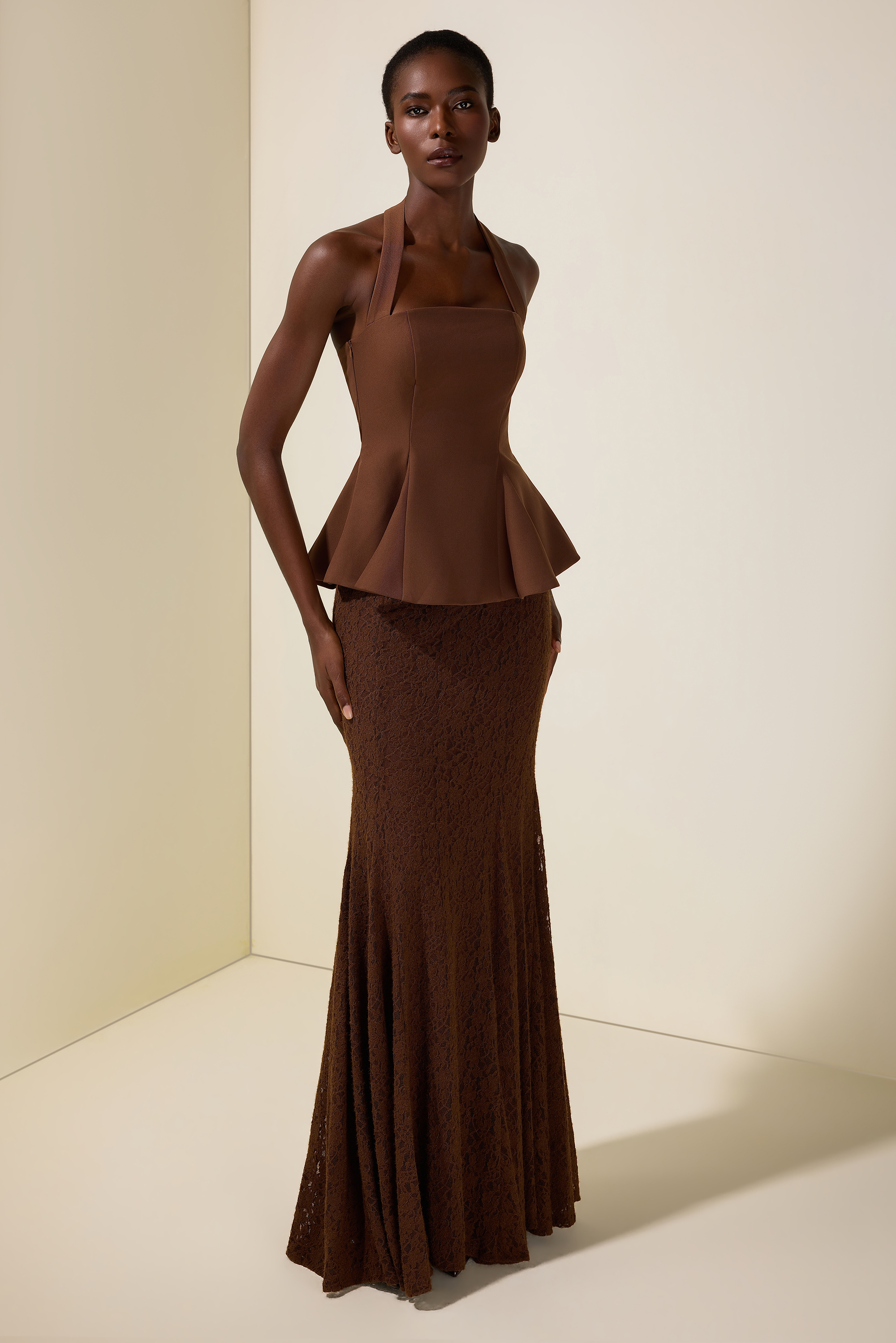 Solid Halter Neck Top & Lace High Waist Maxi Dress