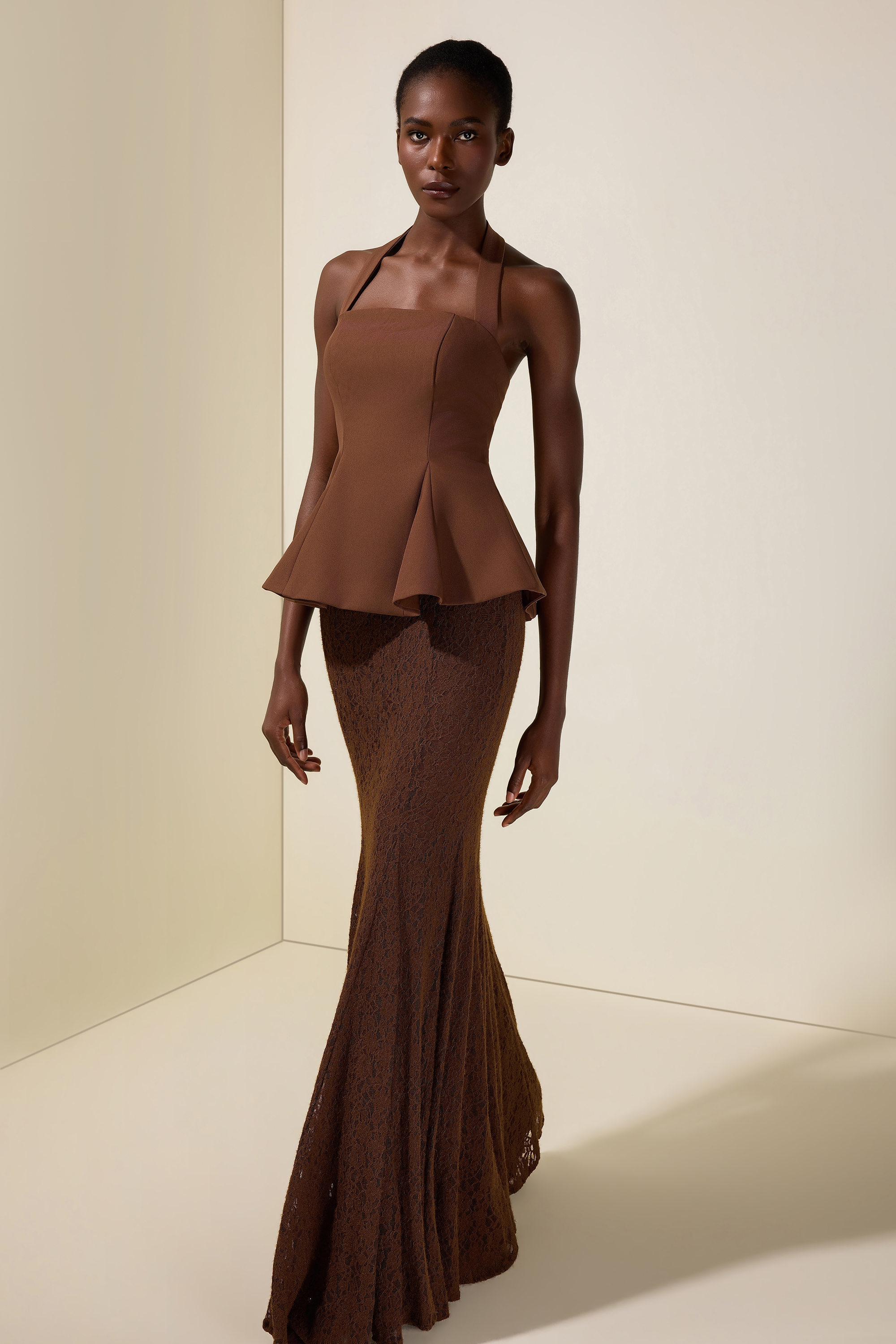 Solid Halter Neck Top & Lace High Waist Maxi Dress