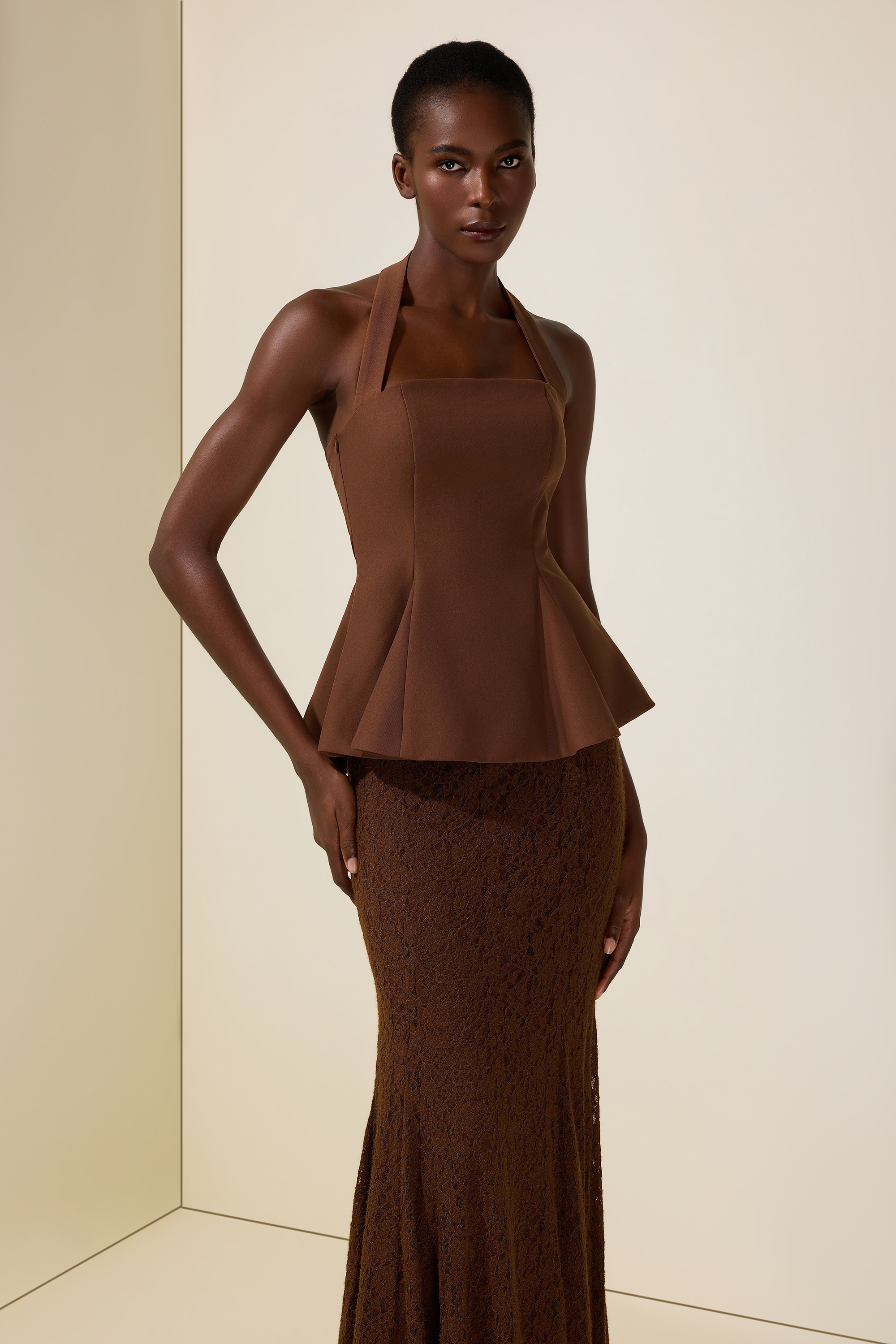 Solid Halter Neck Top & Lace High Waist Maxi Dress