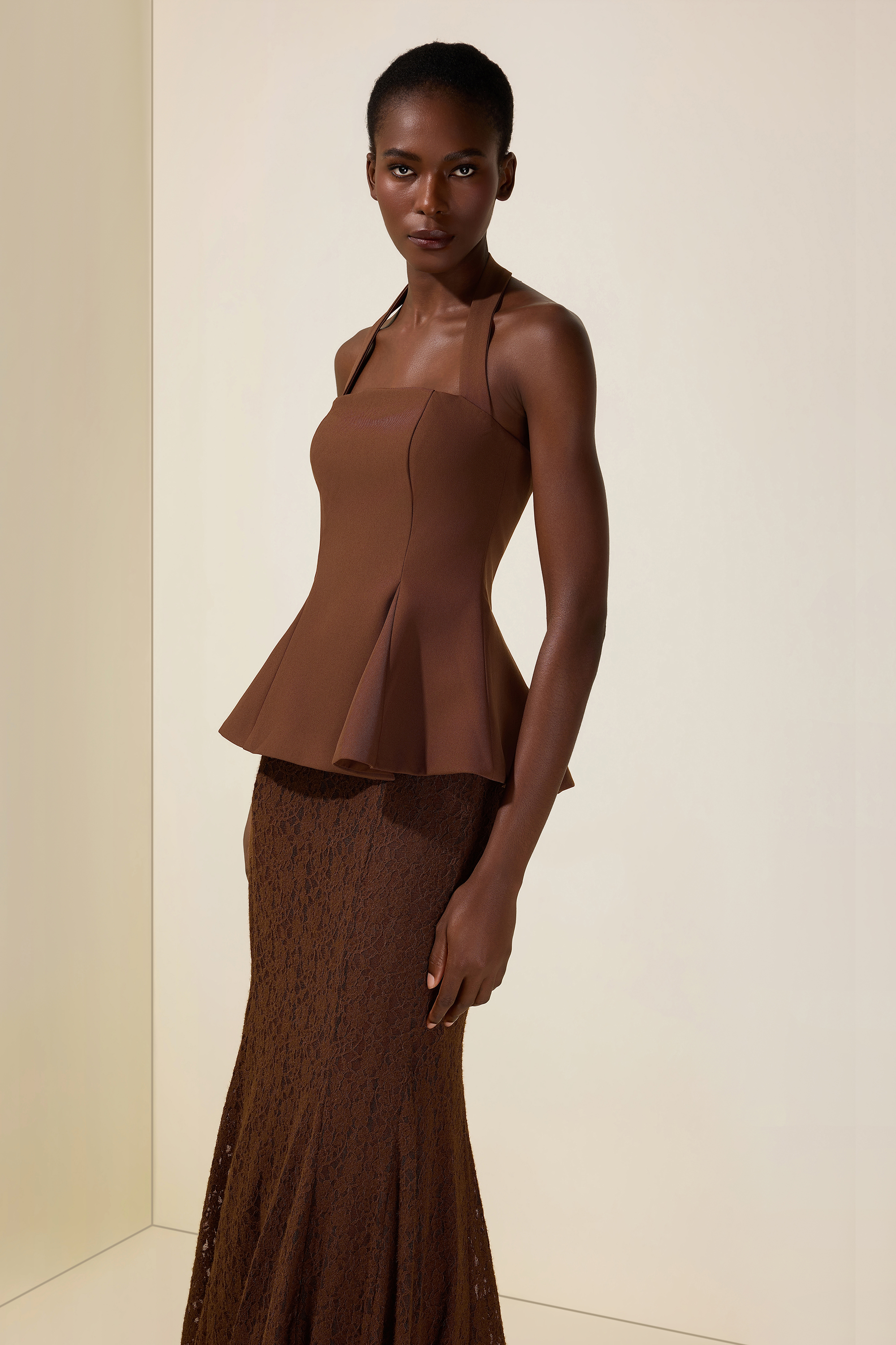 Solid Halter Neck Top & Lace High Waist Maxi Dress