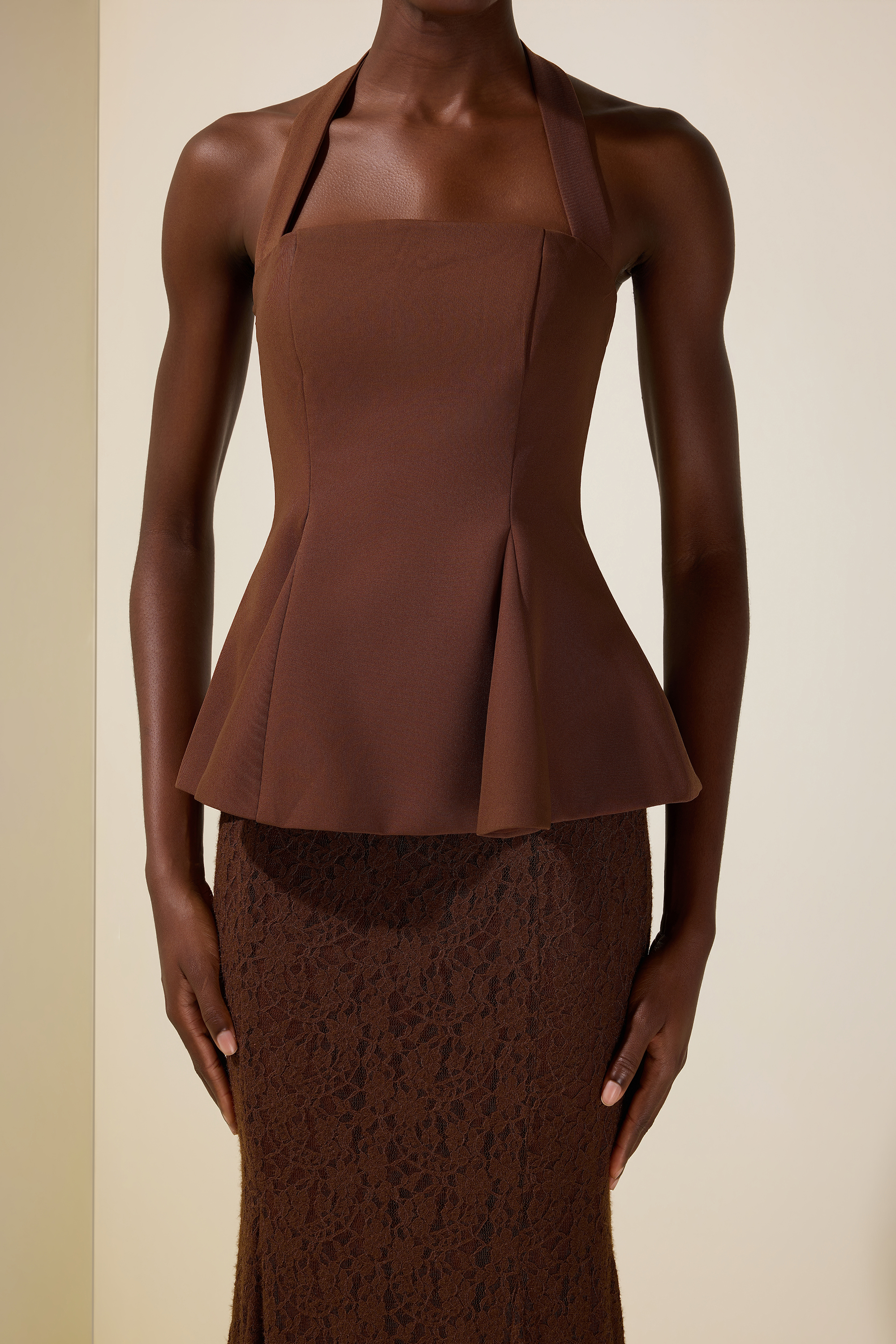 Solid Halter Neck Top & Lace High Waist Maxi Dress
