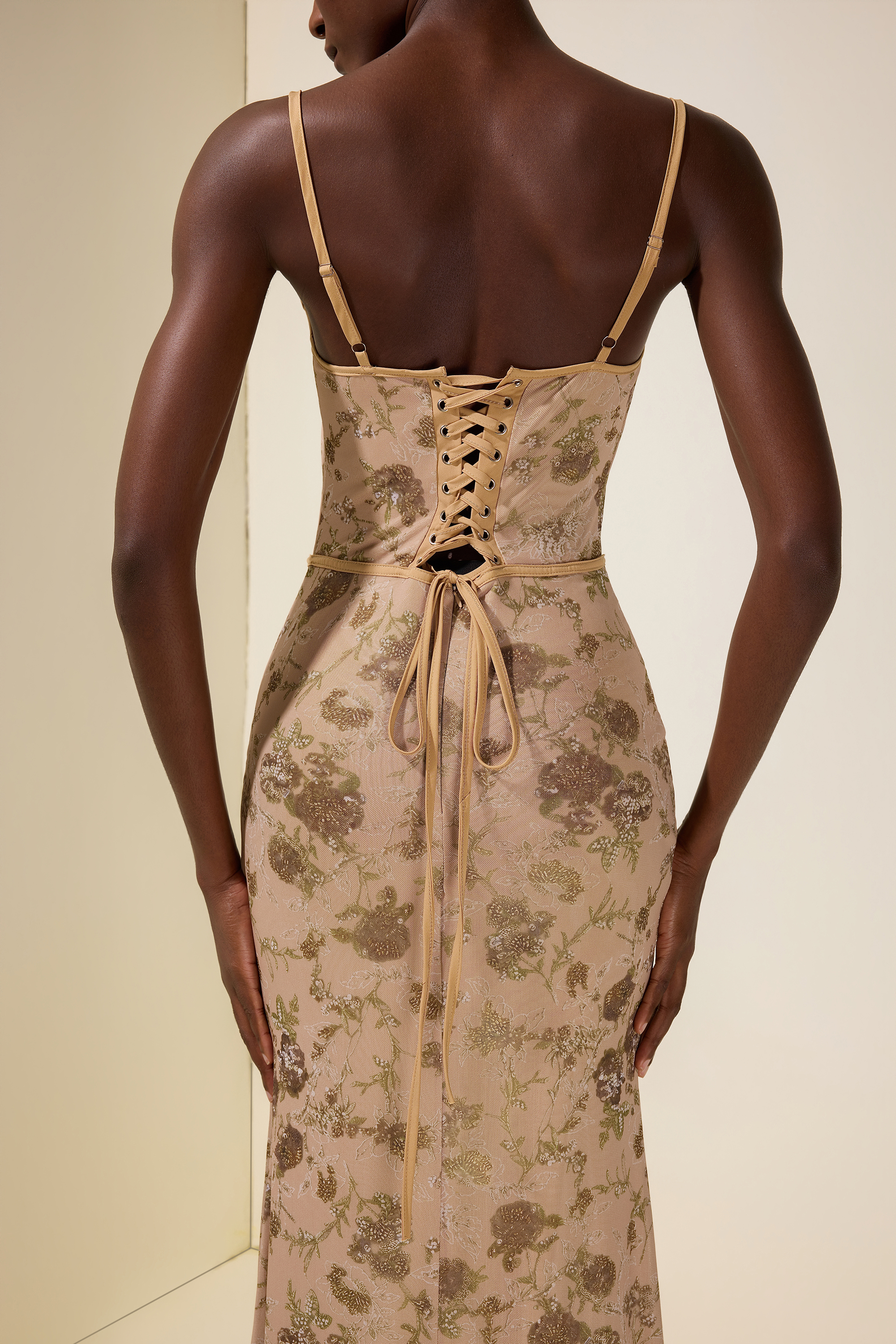 Mesh Floral Tie-Up Maxi Dress