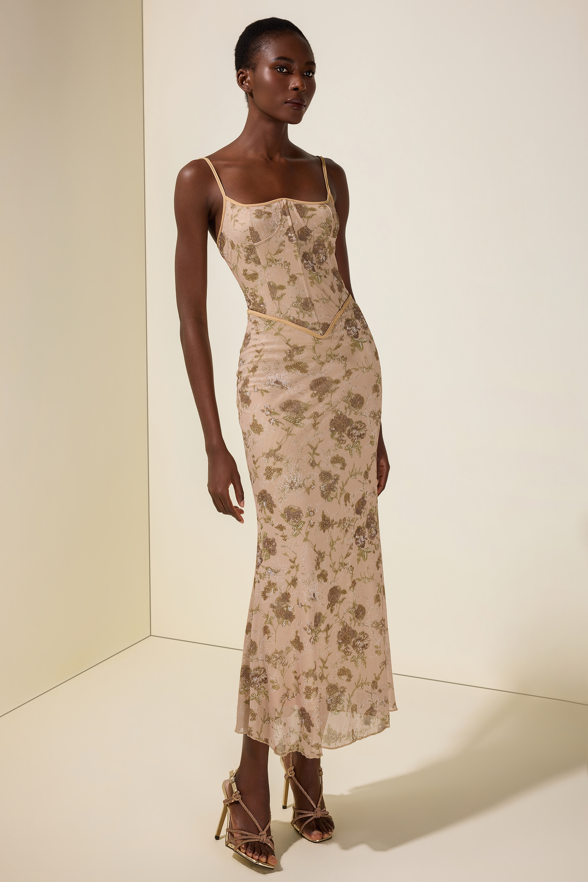 Mesh Floral Tie-Up Maxi Dress