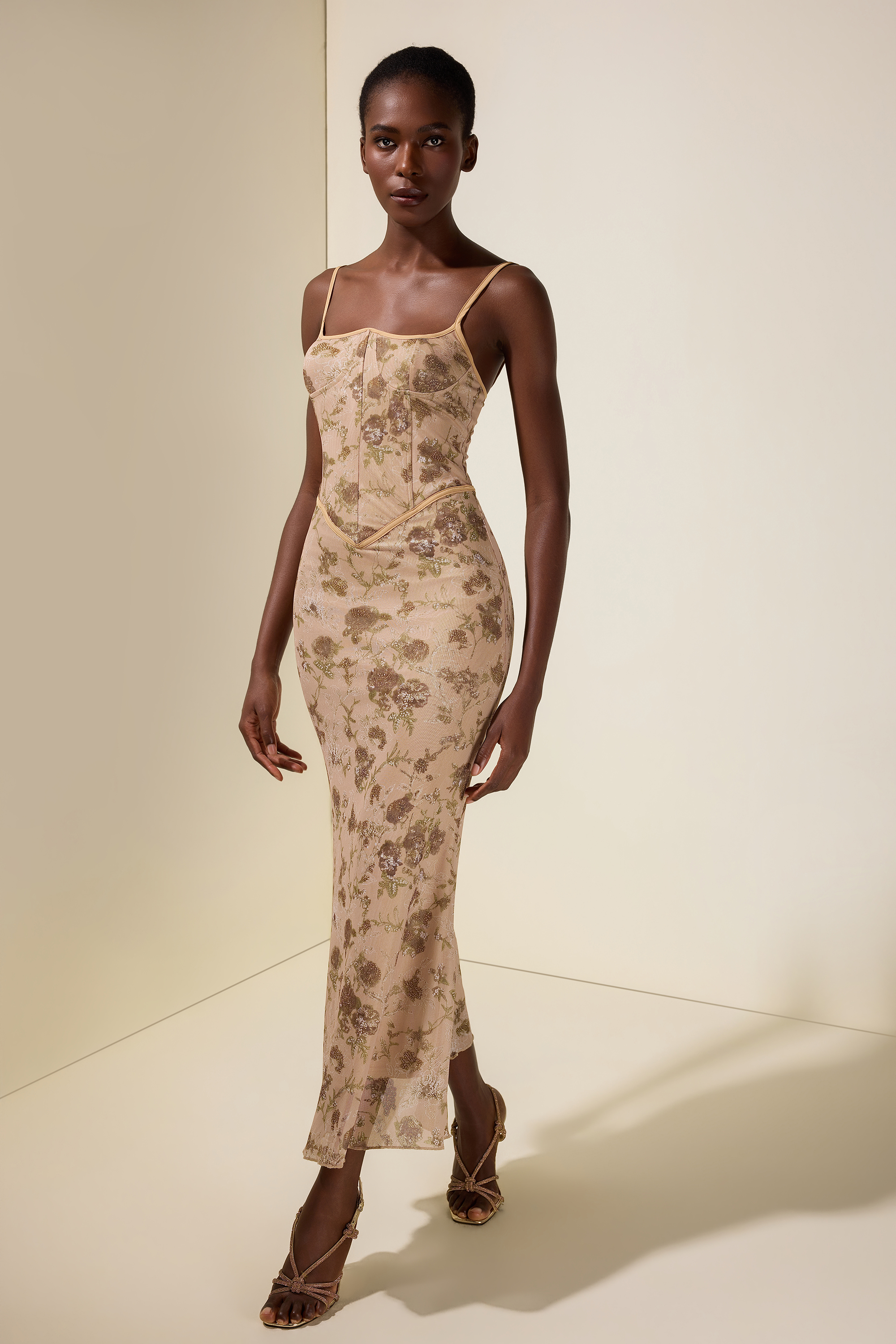 Mesh Floral Tie-Up Maxi Dress