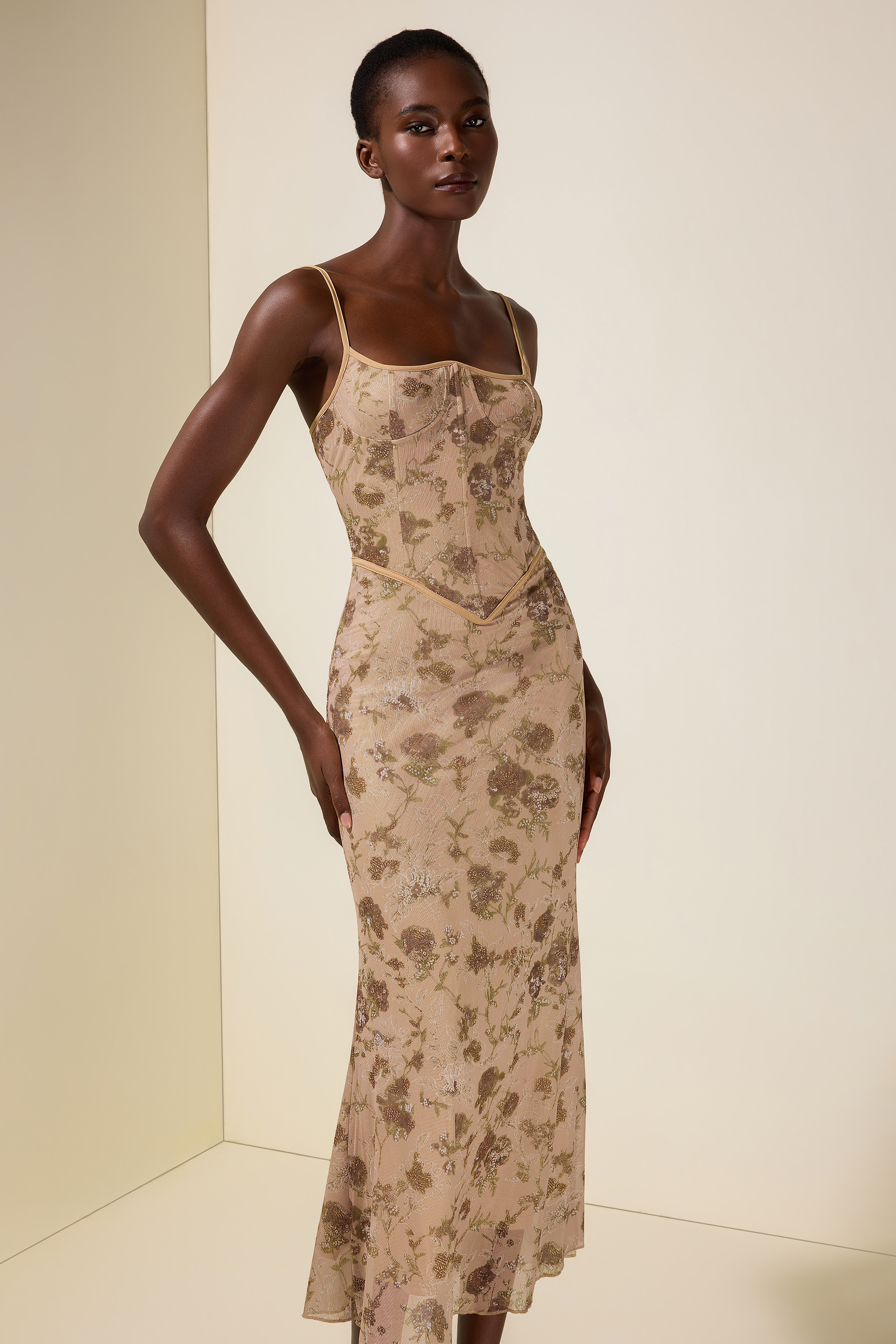 Mesh Floral Tie-Up Maxi Dress