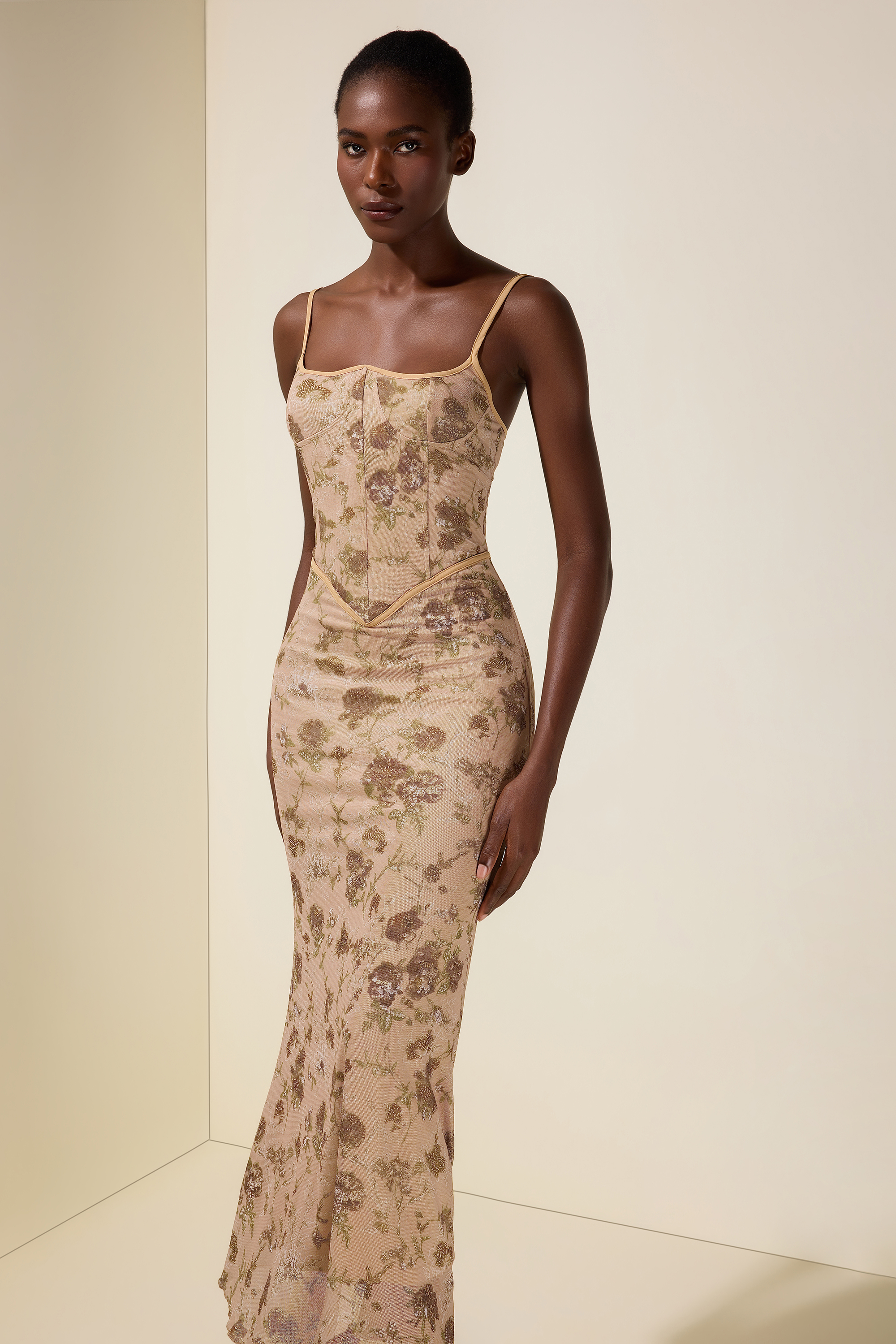 Mesh Floral Tie-Up Maxi Dress