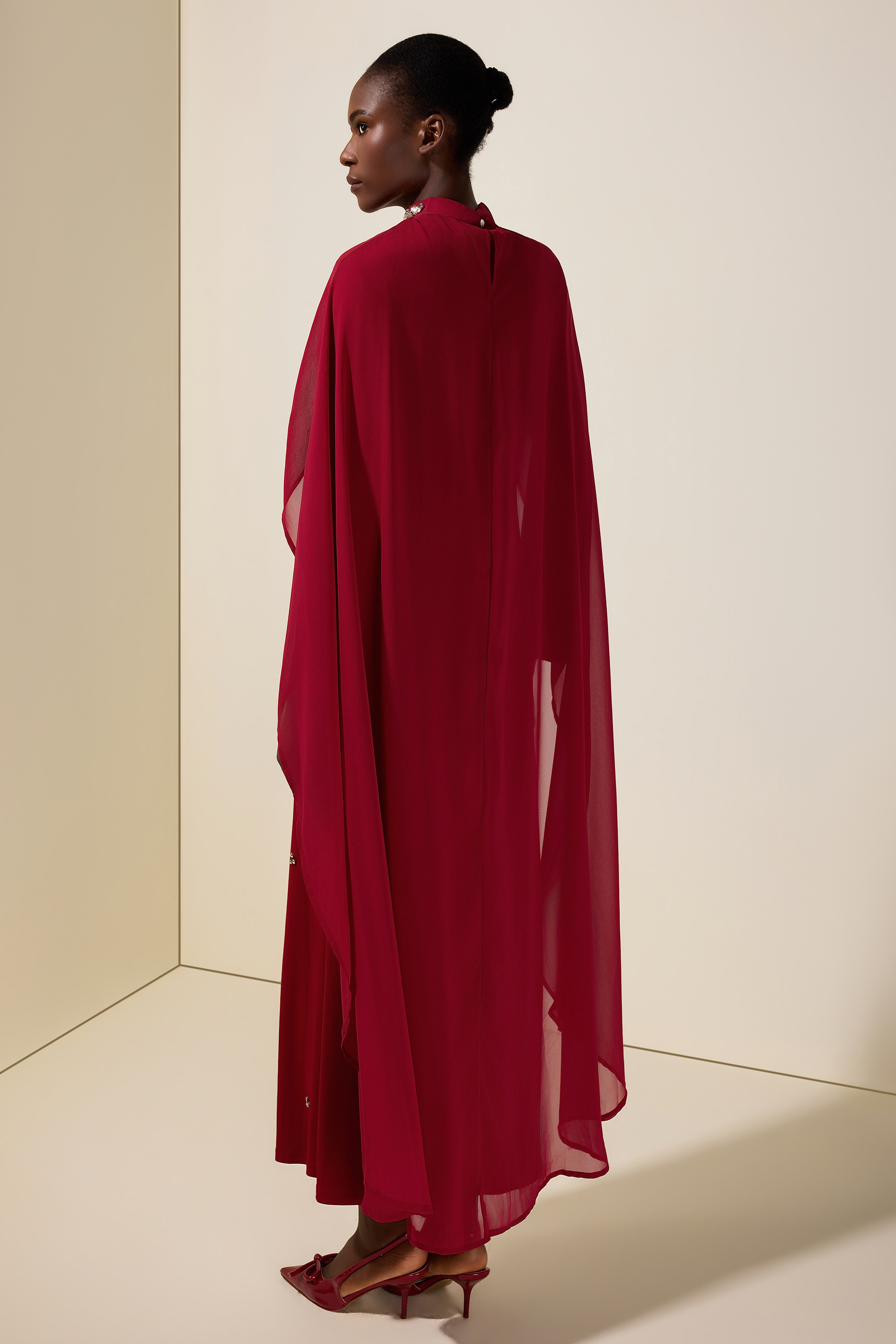 Jersey Rhinestone Rivets Maxi Dress With Chiffon Cape