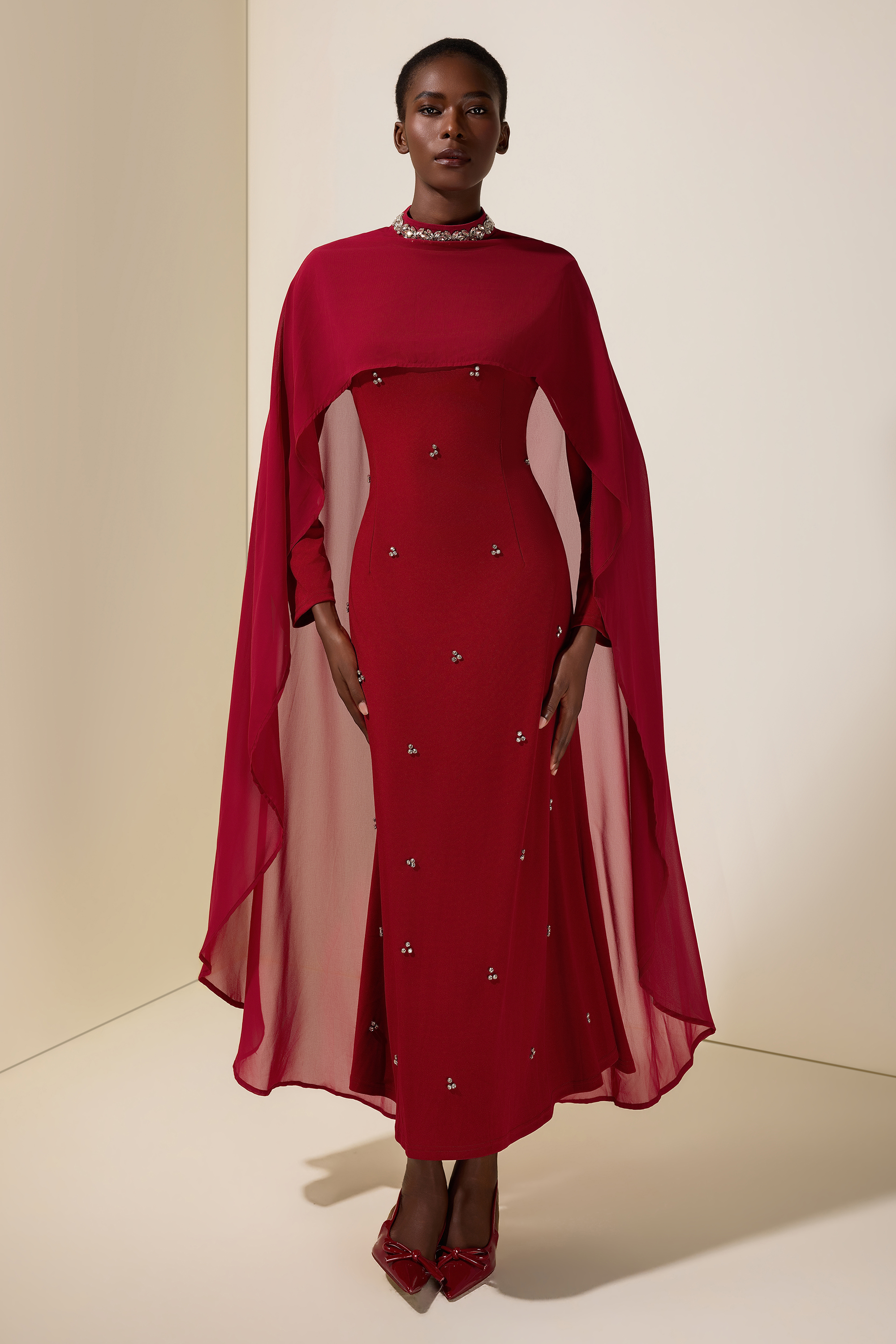 Jersey Rhinestone Rivets Maxi Dress With Chiffon Cape