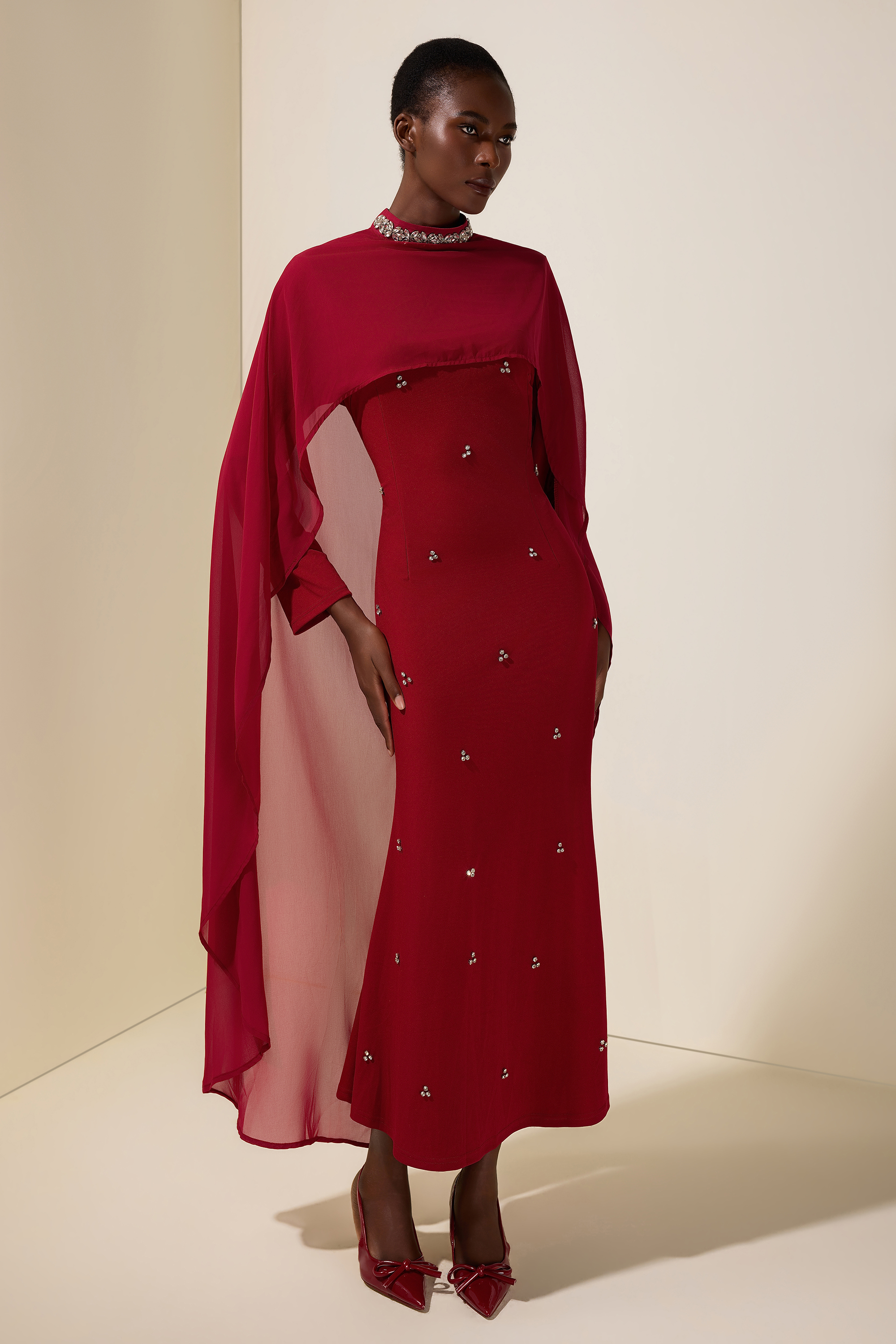 Jersey Rhinestone Rivets Maxi Dress With Chiffon Cape